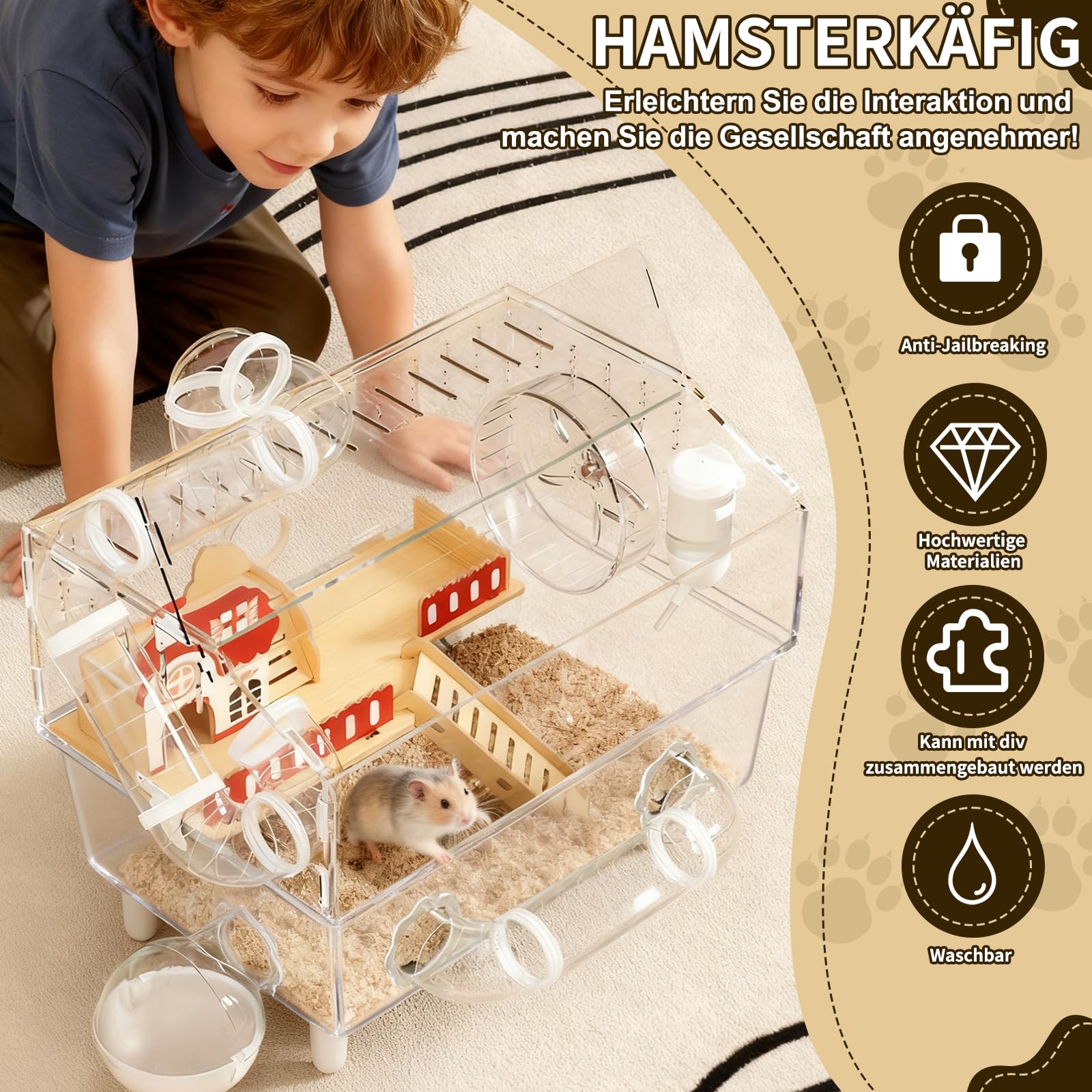Jaula para hámster túnel de lujo, diseño panorámico transparente de acrílico, valla de bricolaje para animales pequeños con accesorios completos, jaula de madera estilo jardín para ardillas