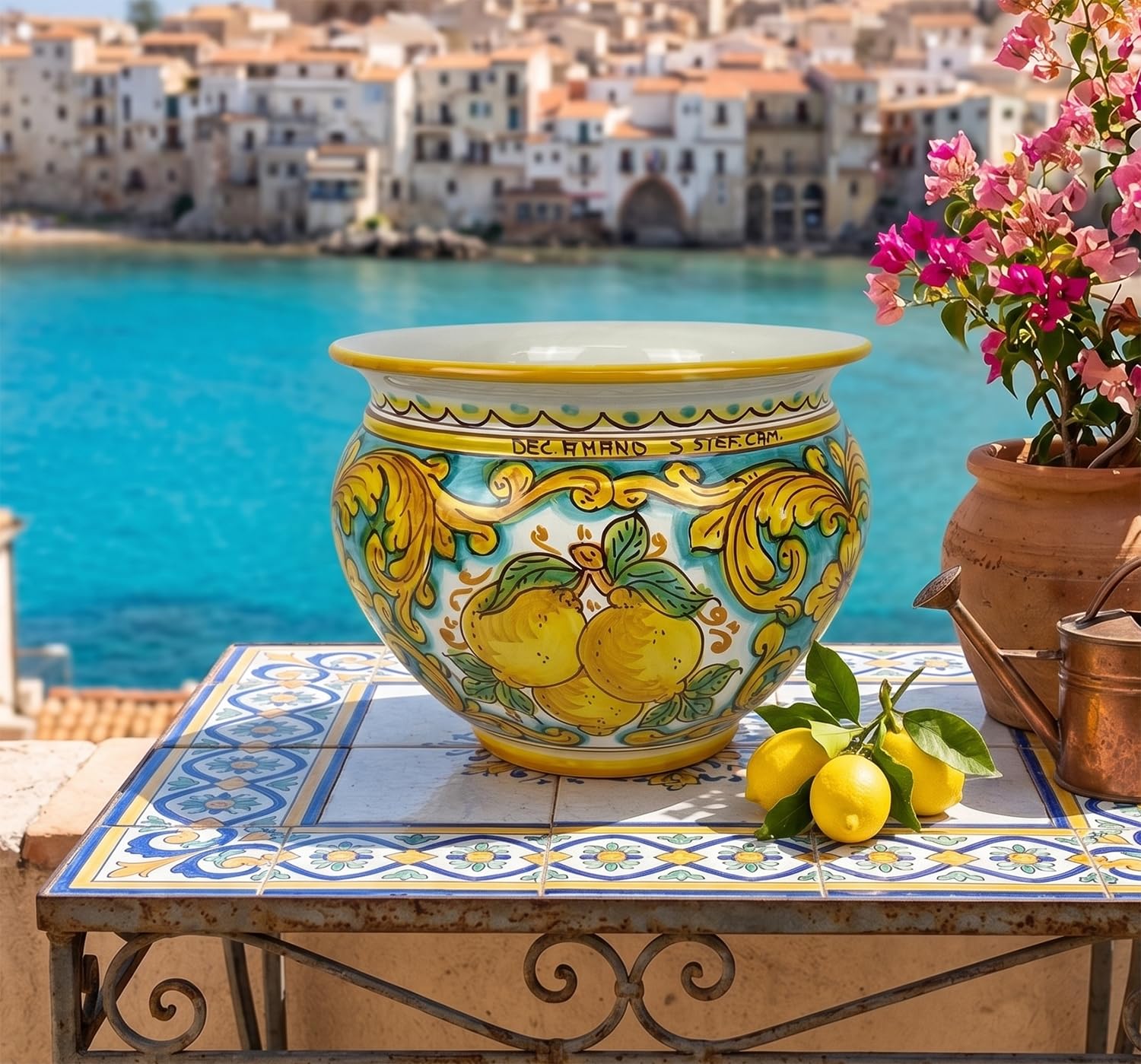 Cachepot Vaso in Ceramica siciliana Realizzato e Decorato a Mano Santo Stefano di Camastra Art. Limoni D 28