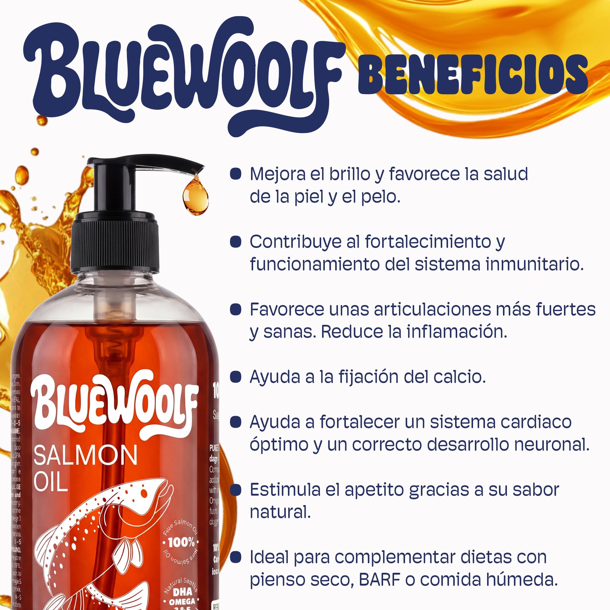 Aceite de Salmon Perros y Gatos 250ml con Omega 3 para Mejora Piel y Pelo Articulaciones y Sistema Inmunitario Salmón para Pienso, Barf y Comida Húmeda Oil for Dogs BlueWoolf - 5