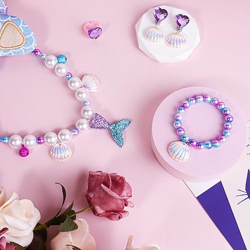 Miniatura 3 de MTGOCHA Juego de joyas de sirena para niñas pequeñas, joyería de juego para niñas, monedero, collar de sirena, aretes, anillo de sirena, accesorios