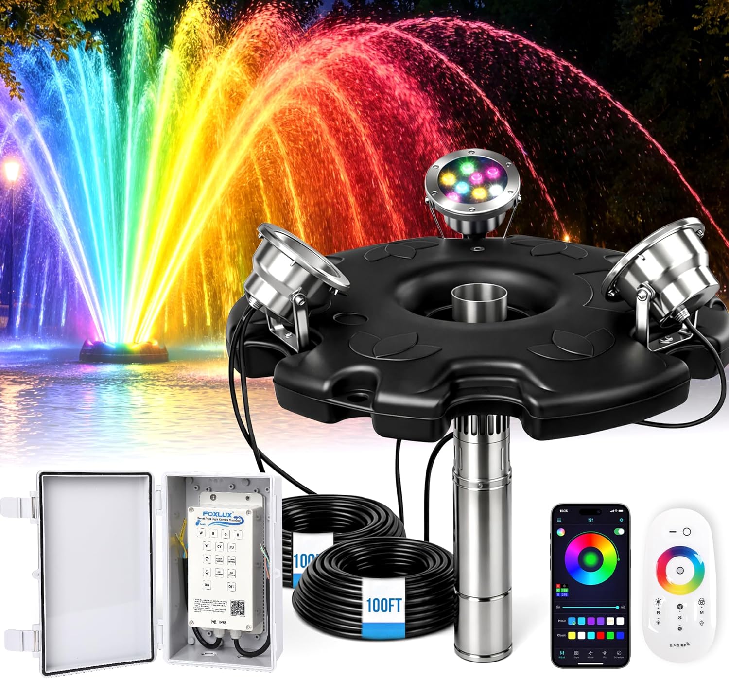 2HP Pond Fountain Aerator with 3 RGB LED Lights, 120V 30000 GPH Floating Water Pump, Automatic Aerating Pump for Large Ponds, Lakes, and Outdoor Water Features, with Controller, APP & Remote Control
