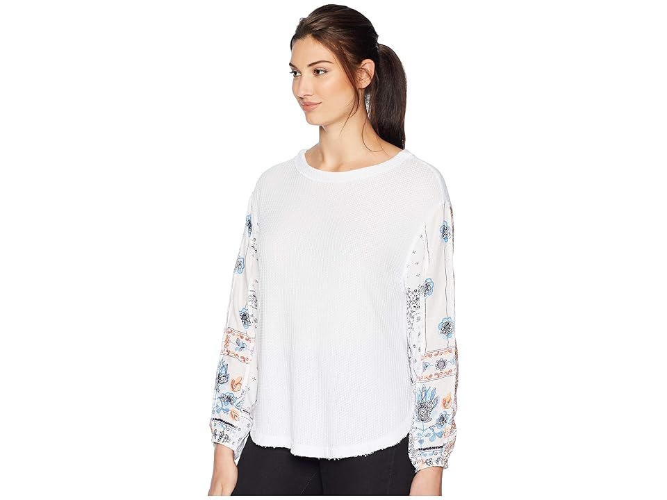 

Dylan by True Grit Heathered Rayon Waffle Crew with Printed Sleeves (White) Women's Clothing