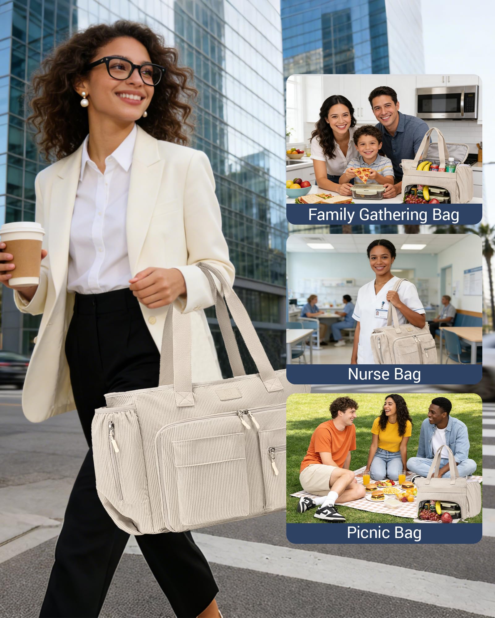 Borsa tote da donna in velluto a coste con scomparto termico per il pranzo, 12 tasche, grande borsa da lavoro, borsa a tracolla per laptop da 15,6 pollici