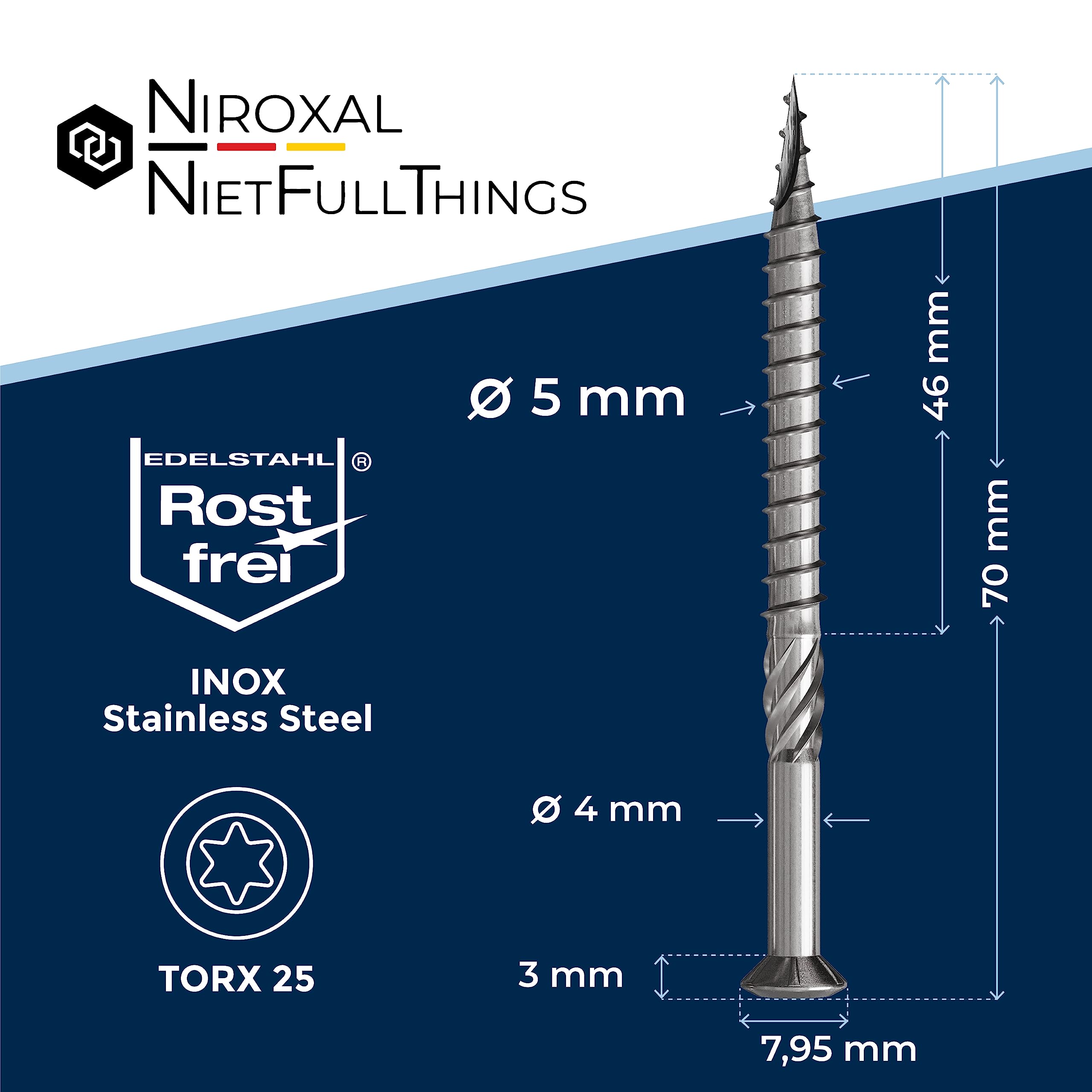 NietFullThings Decking Screws Stainless Steel C1 Wood Screws Torx Drive Deck Screws for Wood Outdoor 5x70 mm Pack of 10 - Image 2