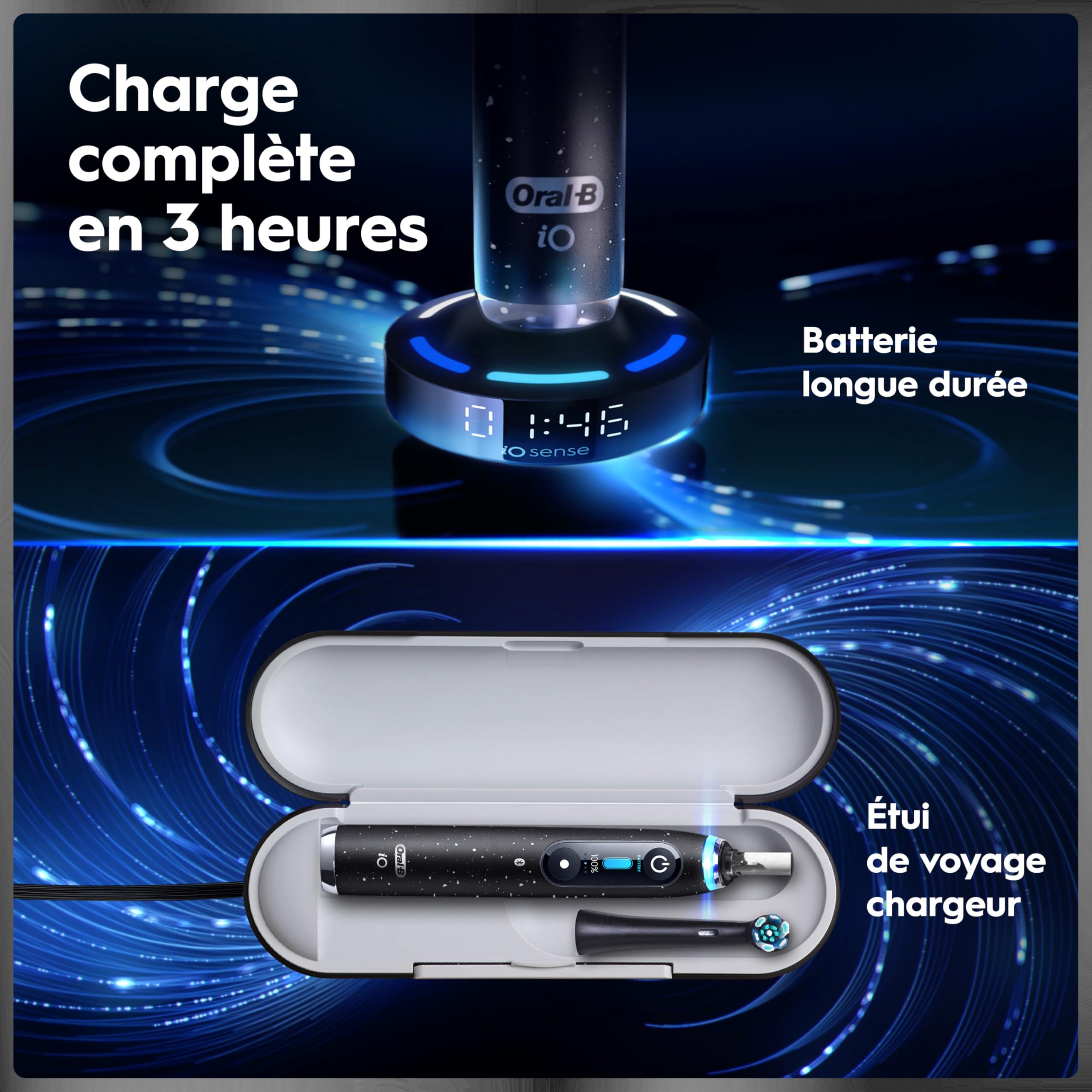 Oral-B Brosse à Dents Electrique iO 10 avec Brossette de Rechange, Noire – 7 Modes dont Blancheur et Soin des Gencives, Capteur de Pression, Batterie Rechargeable, Coach de Brossage, Etui