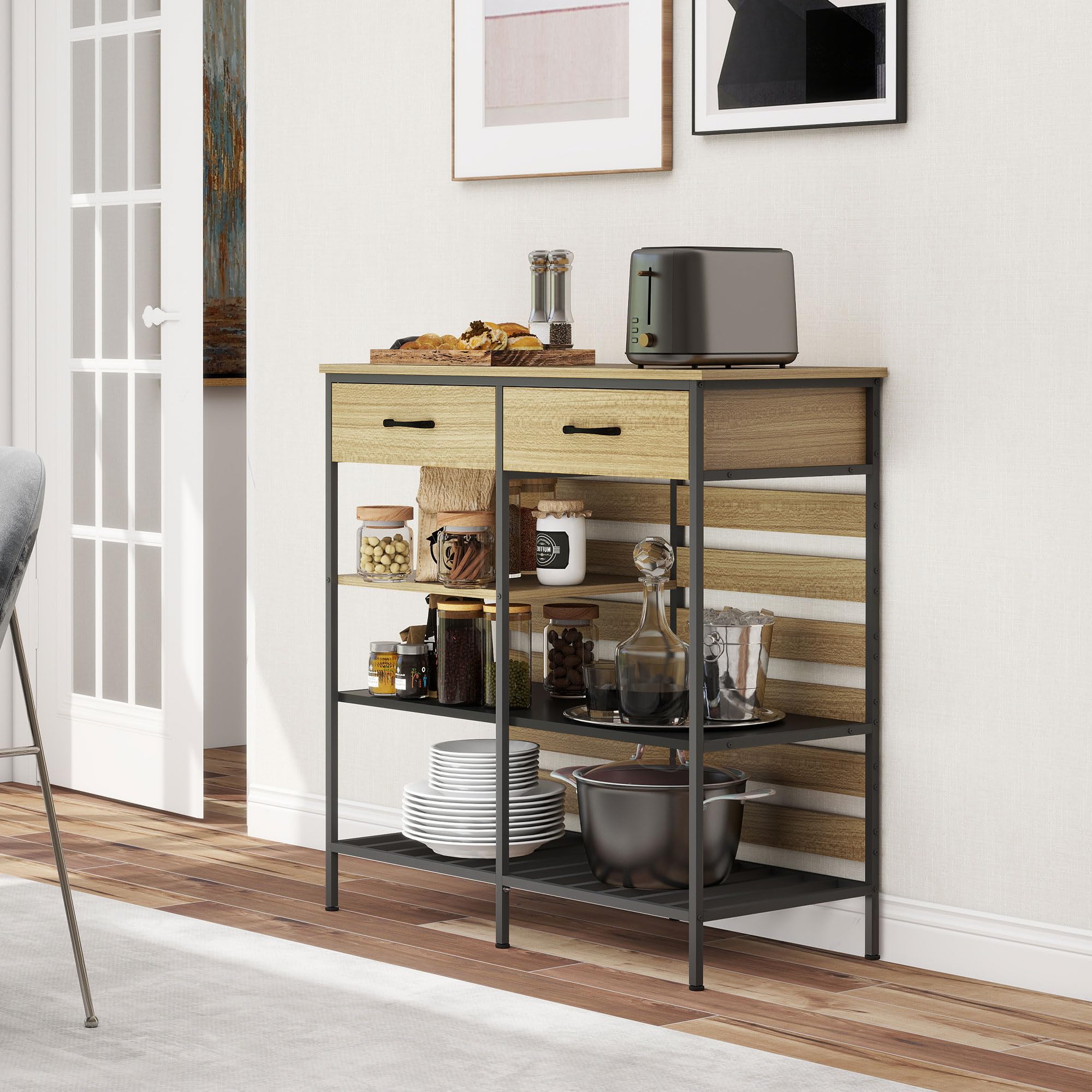 HOMCOM Buffet Cuisine, Meuble de Rangement avec 2 tiroirs et 3 étagères Ouvertes, Style Industriel, Cadre en Acier, pour Salle à Manger, Salon, Cuisine, 90 x 40 x 91 cm, Bois Naturel et Noir | Meuble de Rangement, 3 Étagères Ouvertes, Style Industriel, Ca