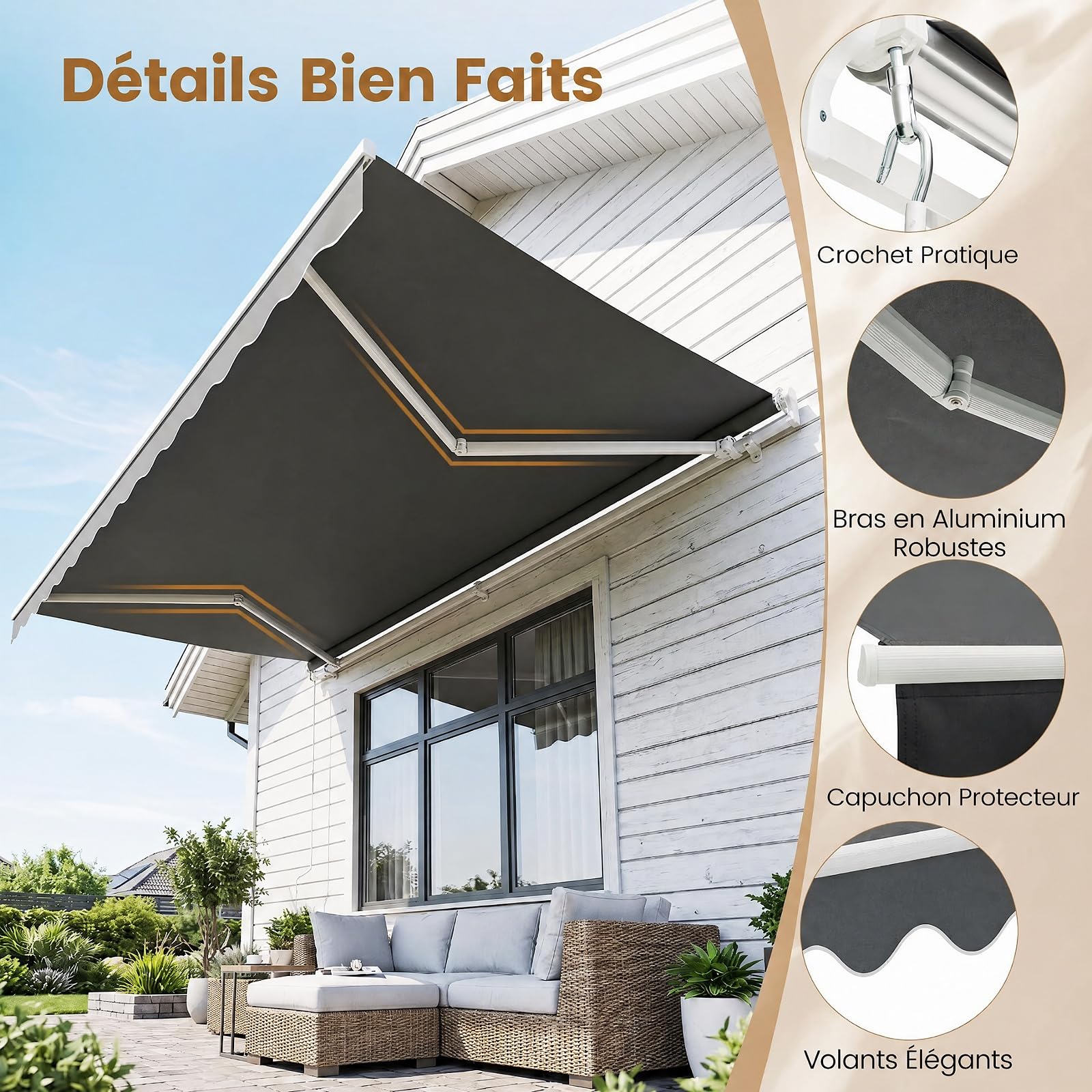 COSTWAY Store Banne de Manuel Rétractable de 4 x 2,5M Angle Réglable 5-35°, Auvent de Terrasse avec Tissu Résistant aux UV et à l'eau Cadre en Aluminium, pour Jardin Terrasse (Gris)