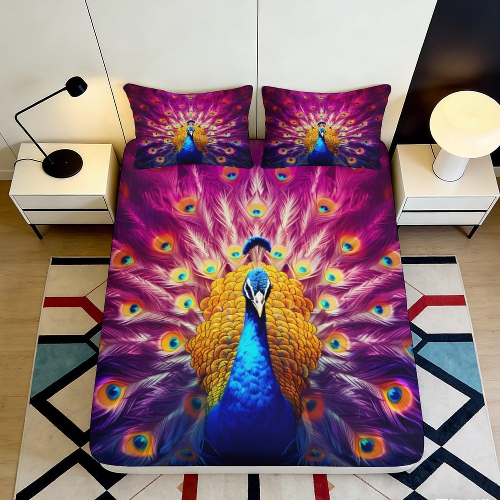 3D Printed Vibrant Peacock Fitted Sheet Microfiber Soft Breathable Colorful Feather Bed Sheet for Bedroom Dormitory Guest Room Mattress Protection Decor 140x200x25cm