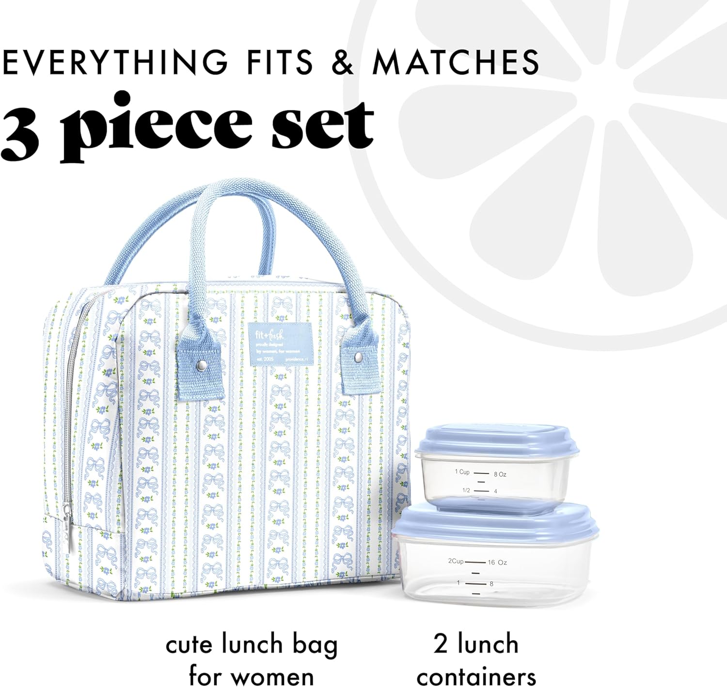 Fit & Fresh Bloomington Lunch Bag for Women - Insulated Large Lunch Box for Work with Containers, Leak-Resistant, Stain-Resistant, Zipper Closure, Blue Wallpaper Bows - Image 4