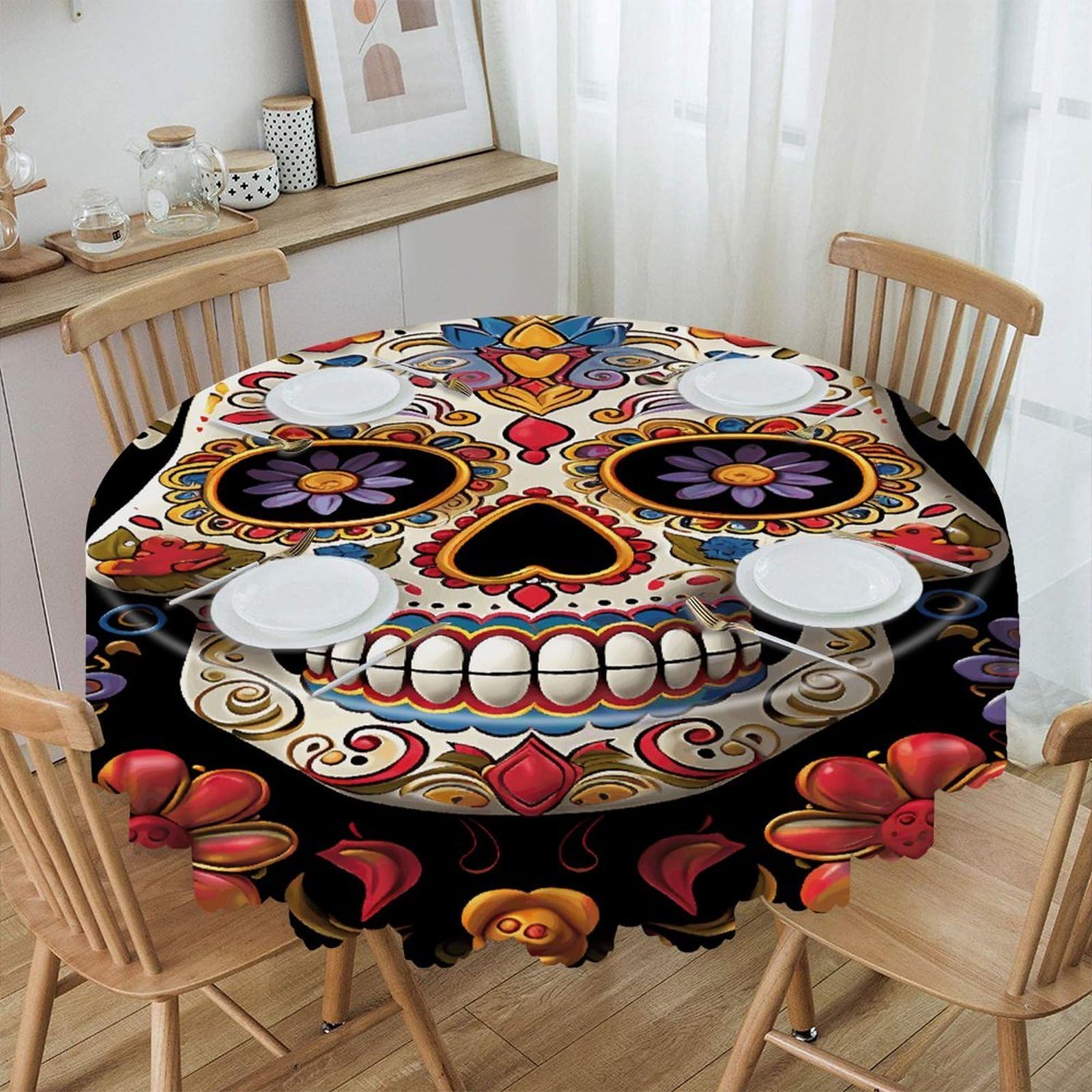 VstaDank Sugar Skulls Round Tablecloth Premium Polyester Table Cloth Heavy Duty Washable Fabric Tablecloth Waterproof Holiday Table Cover Decorative Tablecloths for Dining 60"