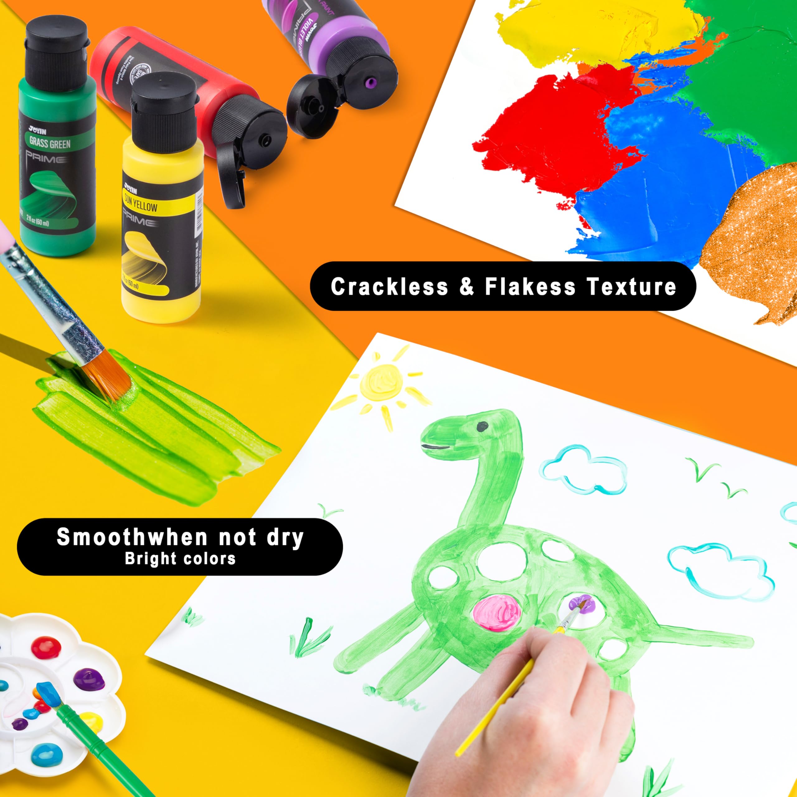 JOYIN Set di vernice tempera lavabile per bambini da 12pz (2 oz ciascuna), vernice liquida per poster con 6 pennelli, 2 palette e 1 secchio di pulizia, atossica per pittura con le dita, per pittori