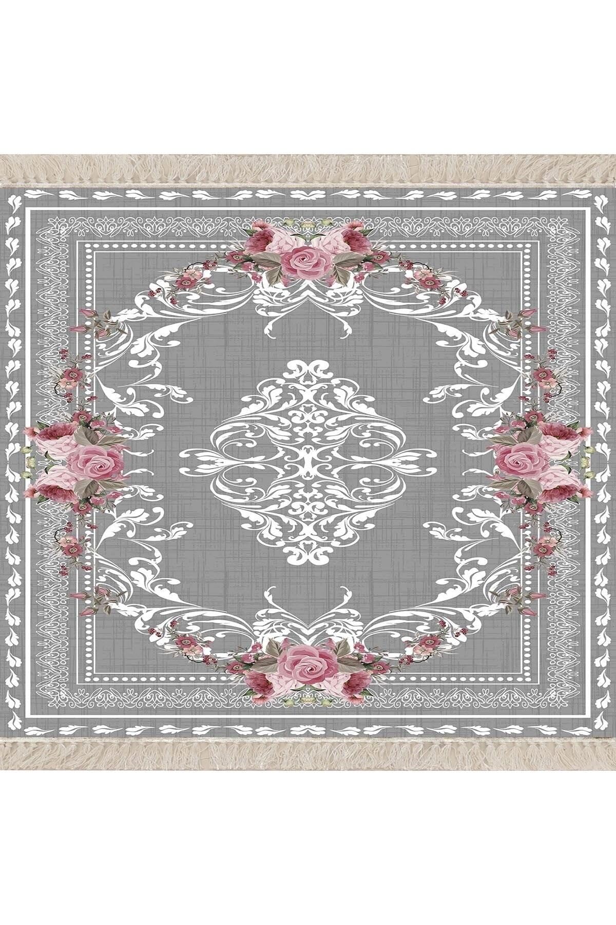 Pelangi Gül Desenli Çerçeveli Dijital Baskı Yıkanabilir Kaymaz Taban Vintage Salon Halısı ve Yolluk, Gri 180 x 250