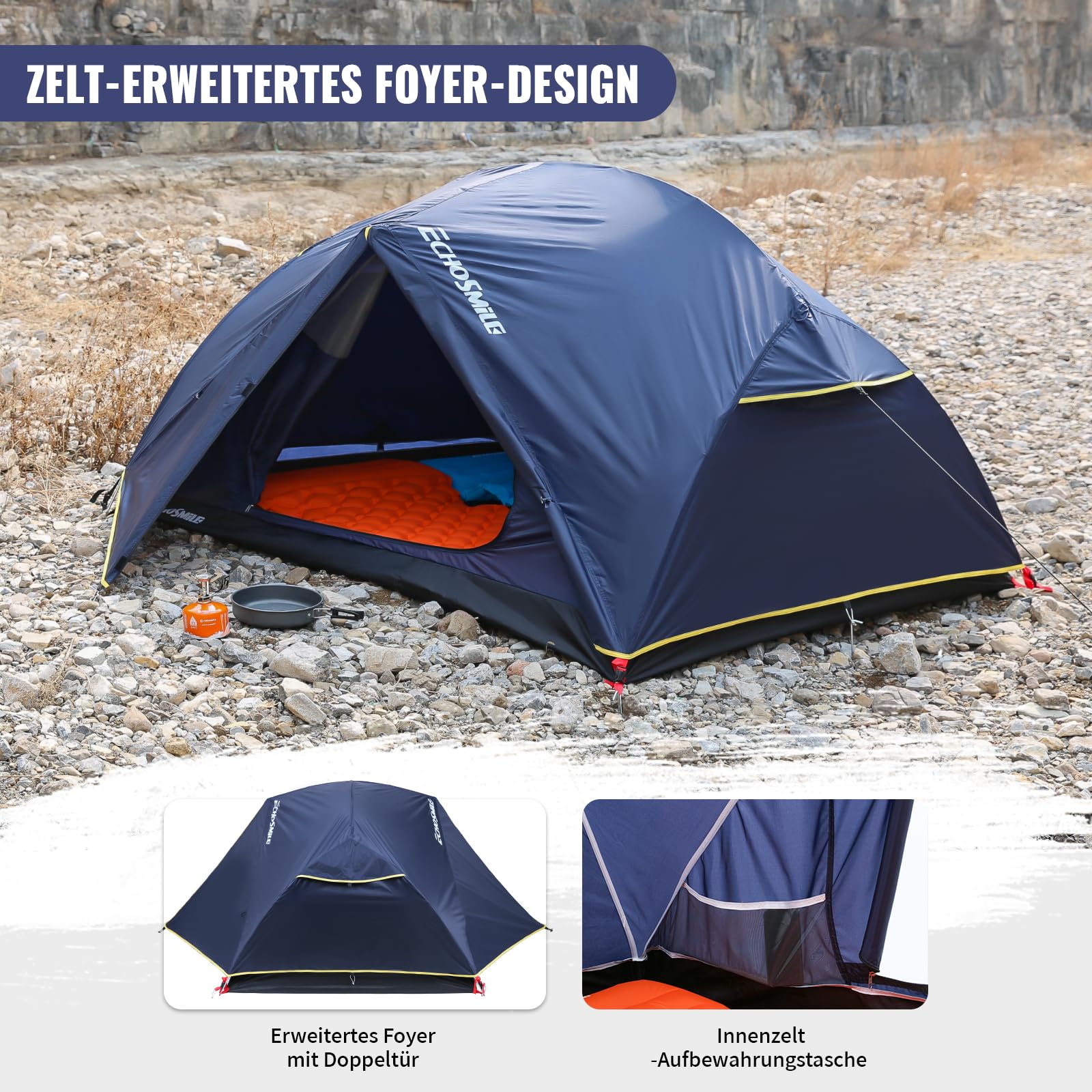 EchoSmile Camping Zelt 2-3 Personen, Wasserdicht PU3000 mm Wurfzelt, Ultraleichtes Double-Layer Kuppelzelt mit 2 Türen, 3–4 Saison Zelte für Camping, Wandern & Bergsteigen, Einfache Montage