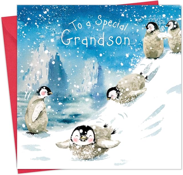 Twizler Merry Christmas Card for Grandson with Penguins  Grandson Christmas Card  Grandson Xmas Card  Mens Christmas Card  Christmas Card For Him  Male Christmas Card  Christmas Card Grandson