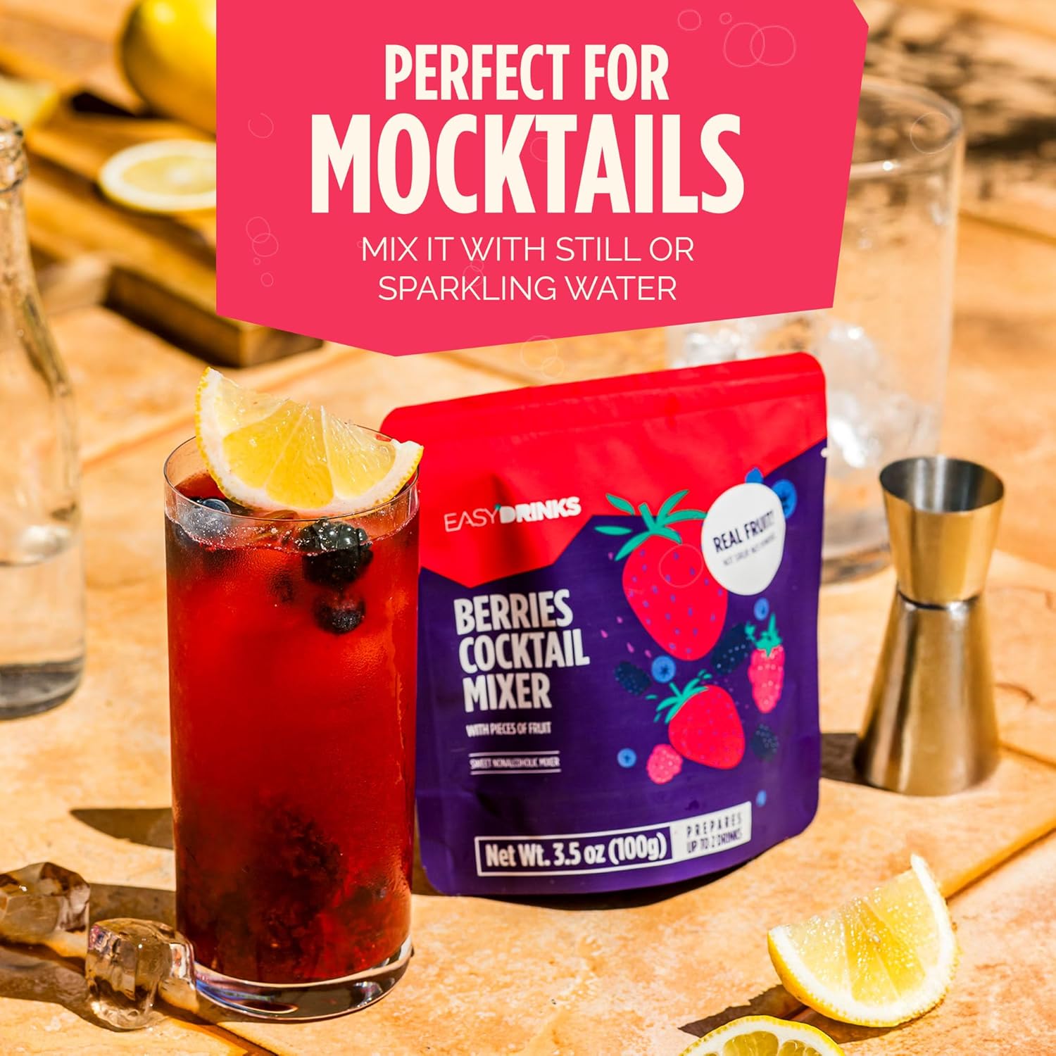 Easy Drinks Pack of 5 Berries Classic Cocktail Mixer - Non-Alcoholic, Not Syrup, Not Powder Drink Mix - Made with Real Fruit in Pieces - Prepares up to 10 Cocktails or Mocktails - 5x 3.5oz