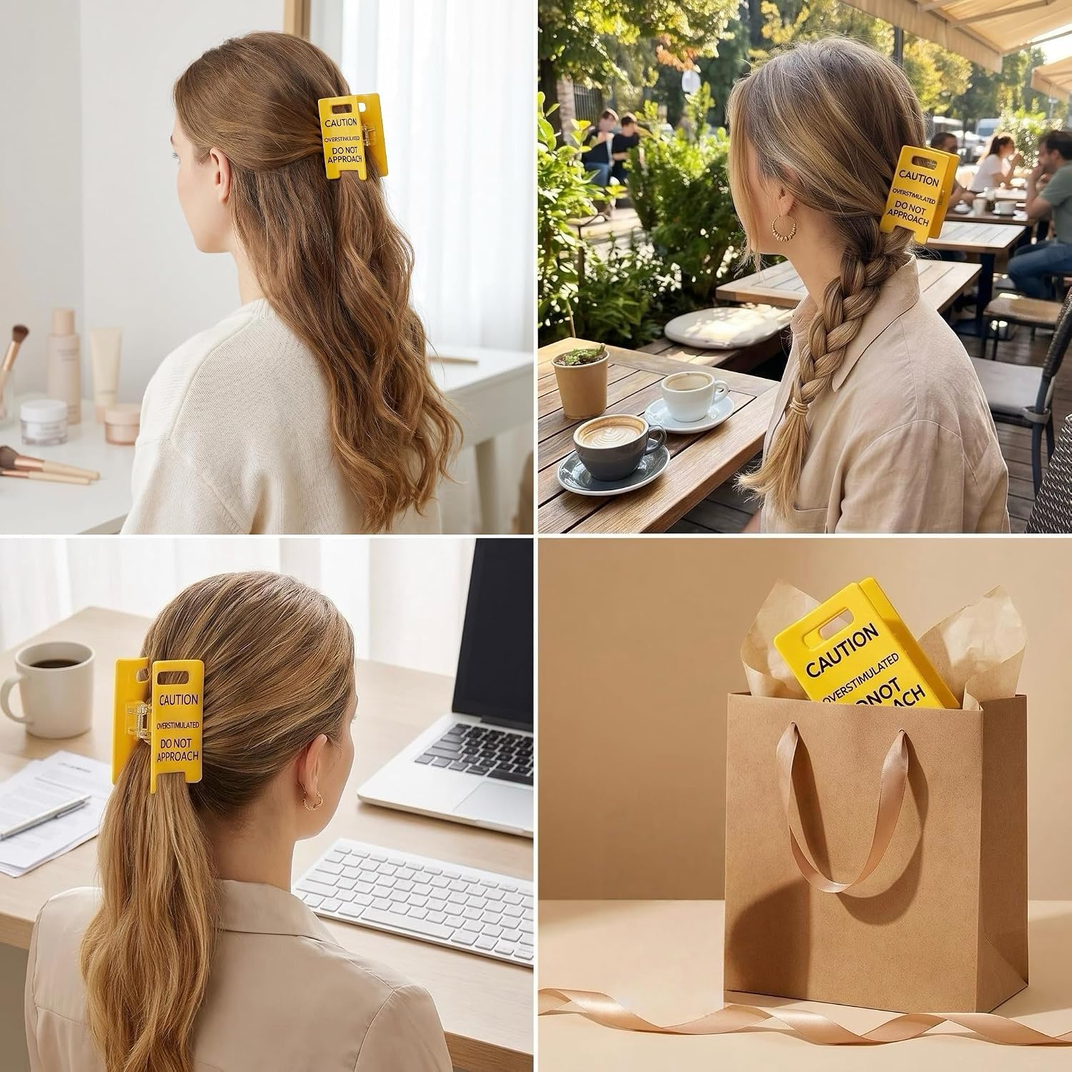 Caution Overstimulated Hair Clip – Funny "Do Not Approach" Sign Hair Claw for Thick Hair, Novelty Gift for Women & Coworkers (2)