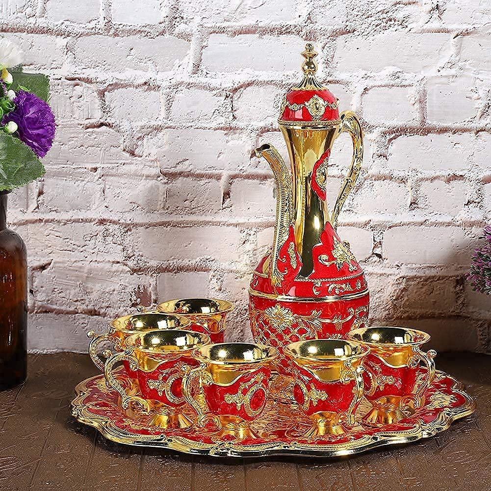 Set di Caffettiere Turche Vintage Set da tè Turco Europeo Creativo con Vassoio per Teiera E 6 Mini Tazze Set di Tazze da caffè,Regalo di Nozze di Artigianato Artistico (Rosso)