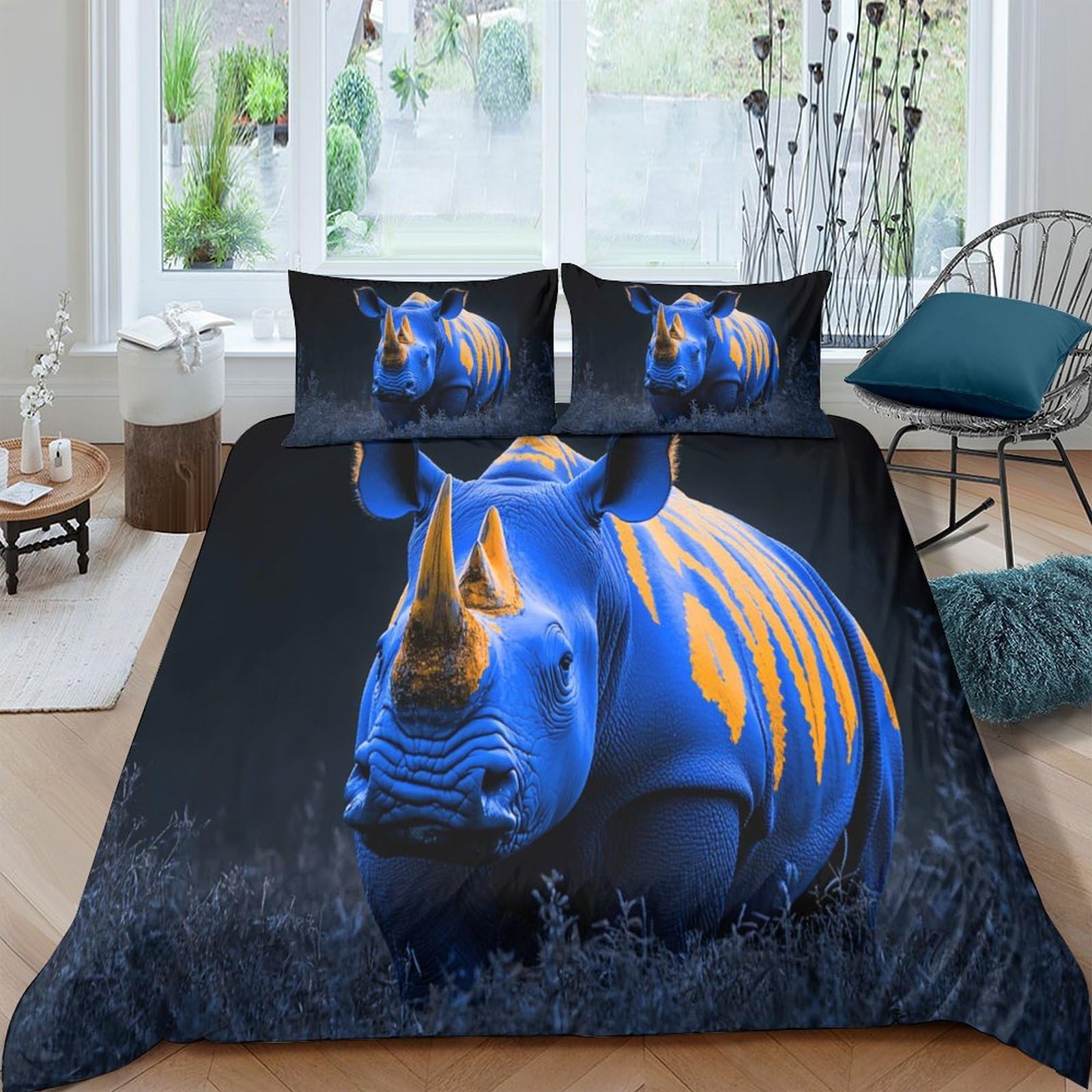 P5V6M1Q9 3D Printed Blue Orange Rhino Duvet Cover Microfiber Soft Breathable Animal Bedding Set with 2 Pillowcases for Bedroom Decor Single（135x200cm）