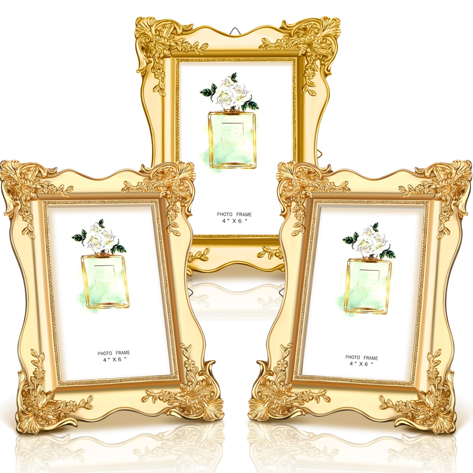 GlikCeil 3 Pcs 4 x 6 Vintage Picture Frame Trim Antique Ornate Resin Photo Frame with Easel and Hook for Tabletop Wall Art Decor Display Home Office (Gold)