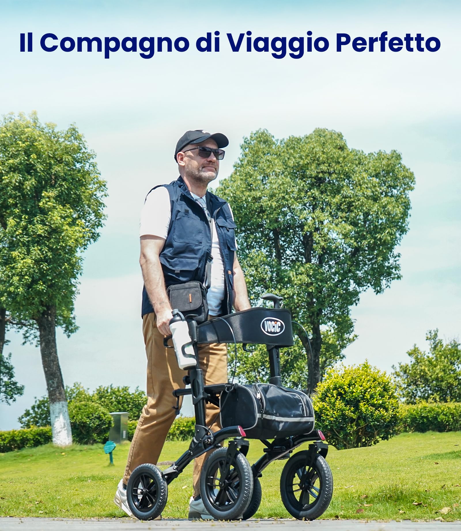 VOCIC Deambulatore per anziani 4 ruote,Girello per anziani con seduta,Carrello deambulatore pieghevole,Deambulatore da esterno egolabile in altezza in alluminio,Giallo (5 anni di garanzia)