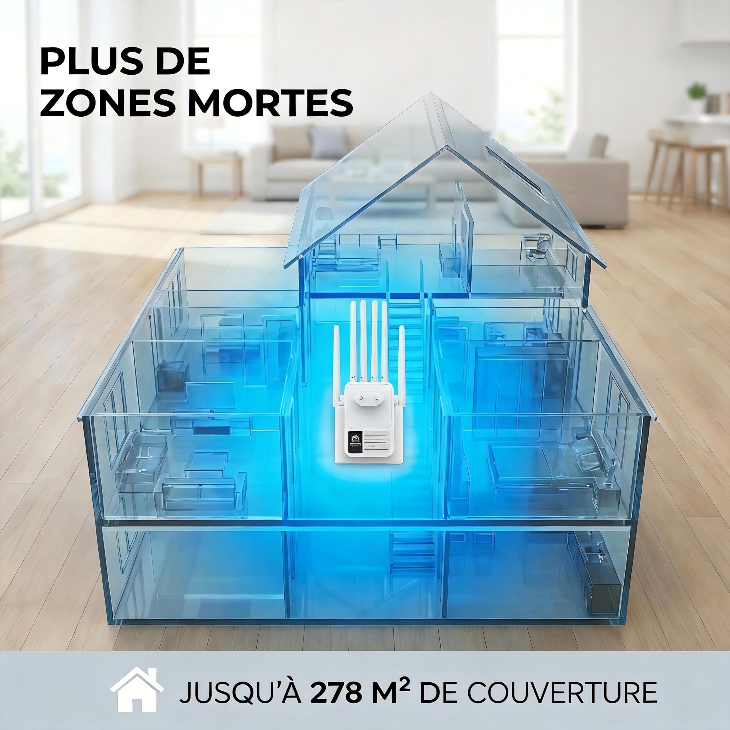Repeteur WiFi Puissant 1200M,Amplificateur WiFi,Répéteur WiFi avec 6 Antennes Externes Puissantes,Zone de Couverture 1200㎡,2 Ports LAN pour la Maison et Le Bureau（Blanc）