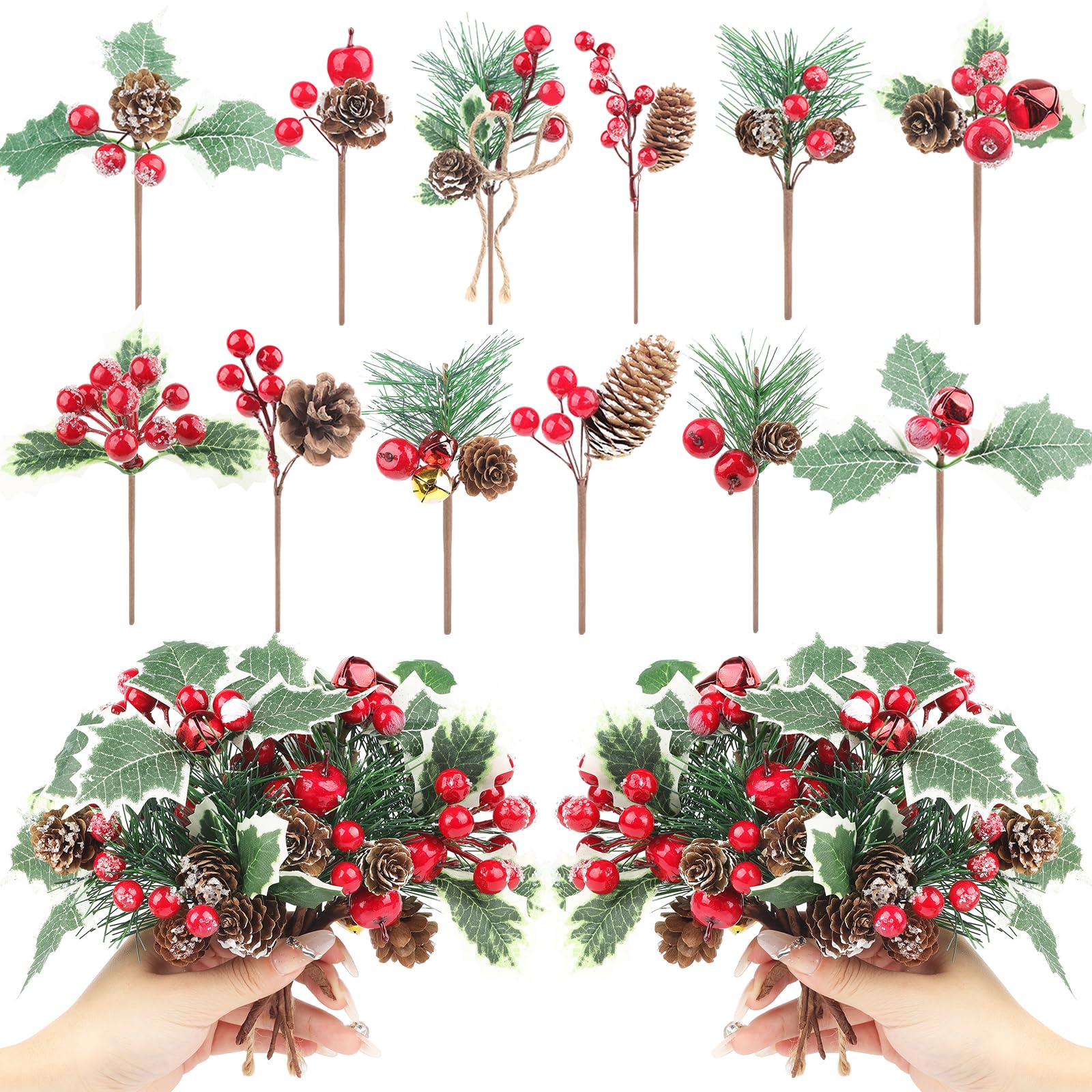 Songjum 36 PCS Artificial Christmas Pine Picks Christmas Berries Artificial Stem with Pinecones Apples Bells Christmas Flower Picks for Christmas Tree Wreath Arrangement Winter Holiday Decor