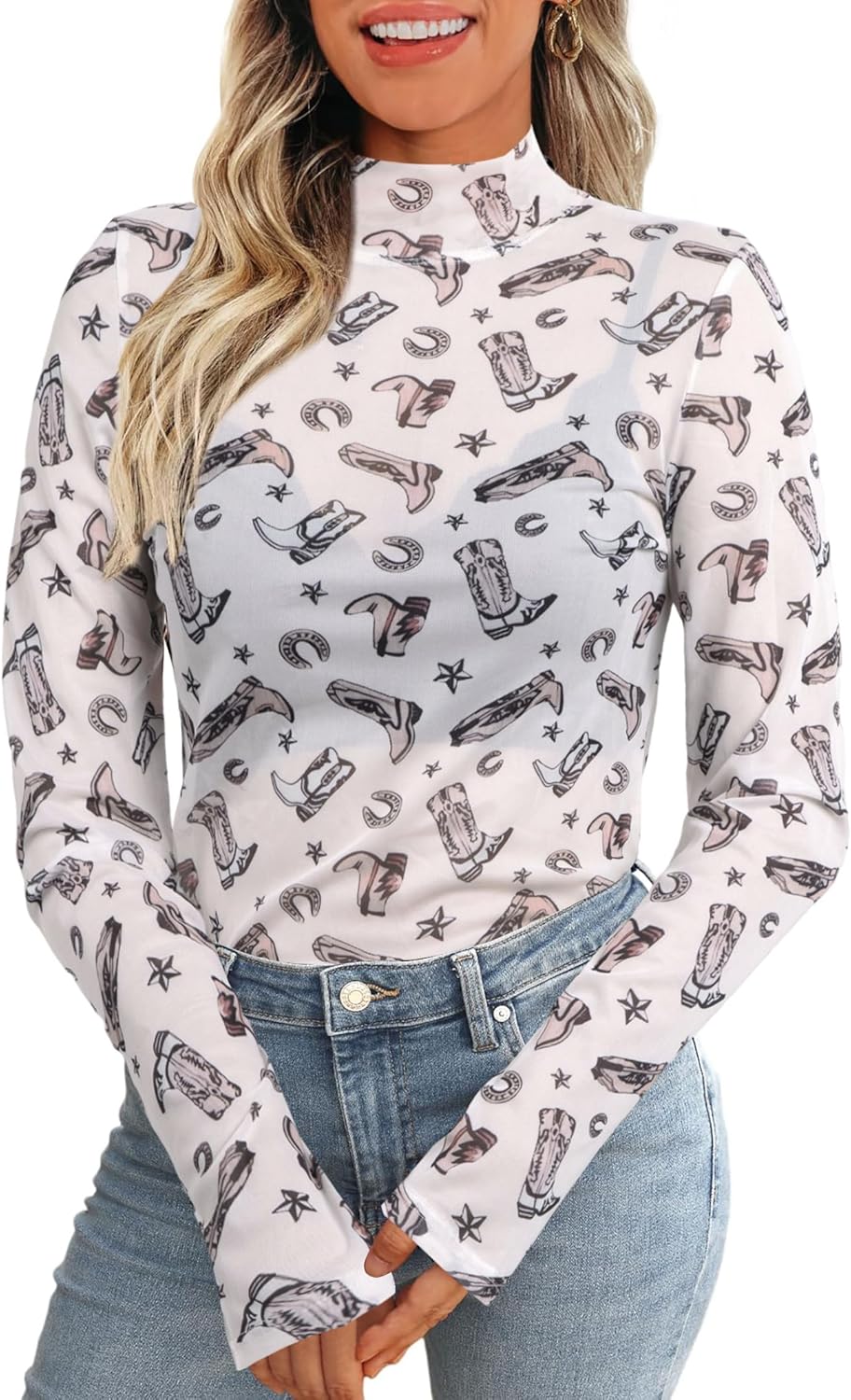 Western Mesh Top Women See Through Cowboy Shirt Mock Neck Country Concert Outfits Layering Sheer Long Sleeve Tops