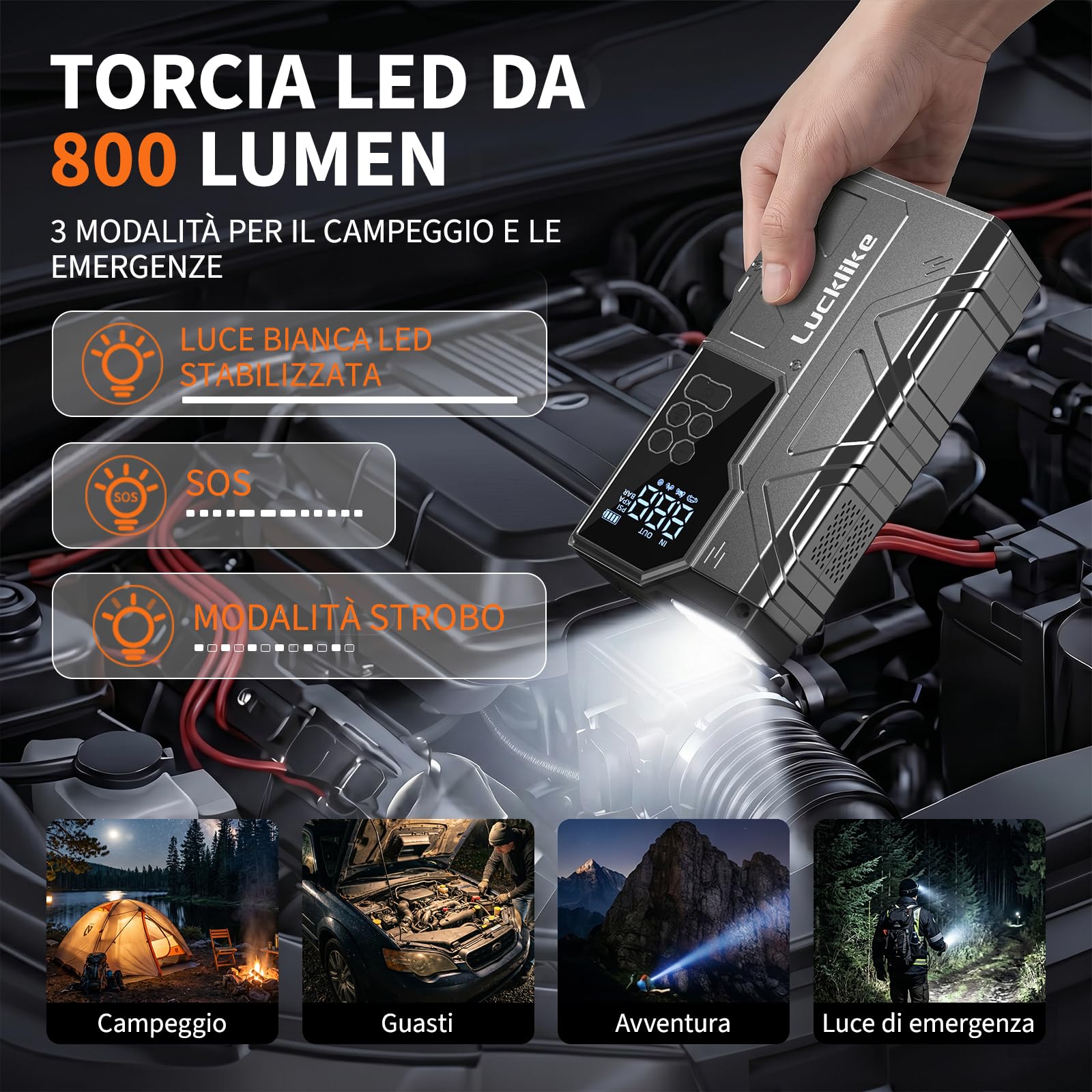Lucklike Avviatore Batteria Auto con Compressore 150 PSI, 21800mAh Avviatore Batteria Macchina, 12V Avviatore Emergenza per Auto (ALL Gas 12,0L Diesel) Emergenza Jump Starter con LED Torcia, USB, LCD