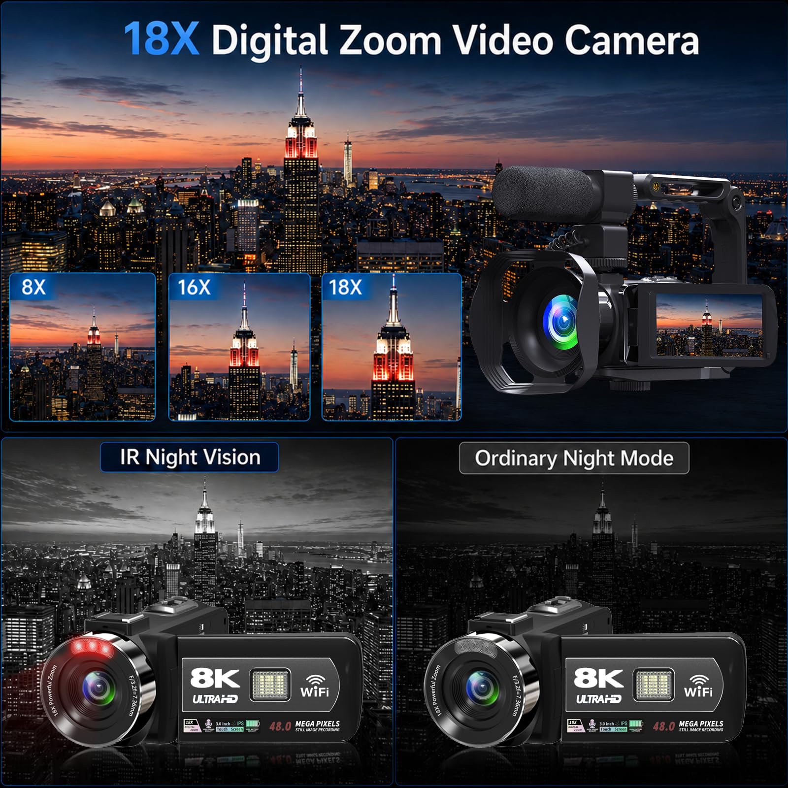 VETEK Videocamera 8 K, 48 MP, UHD, WiFi, visione notturna a infrarossi, per YouTube, zoom digitale 18x, schermo LCD da 3", fotocamera digitale con microfono, scheda SD da 32 G, telecomando e 2