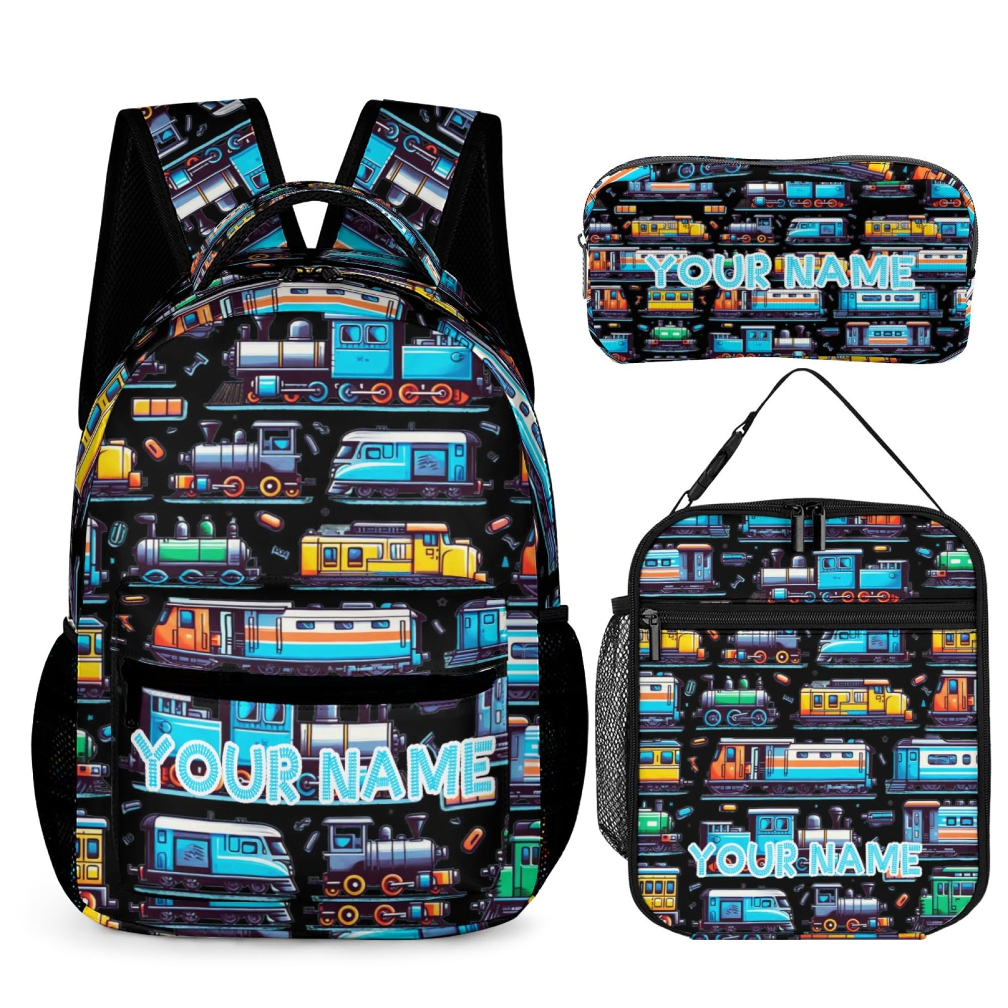 CaomeiWu Custom Train Backpack with Lunch Bag & Pencil Case, 17 in | 900D nylon | All-over print design | Tear & abrasion resistant | Premium feel | Vibrant | Heavy daily use