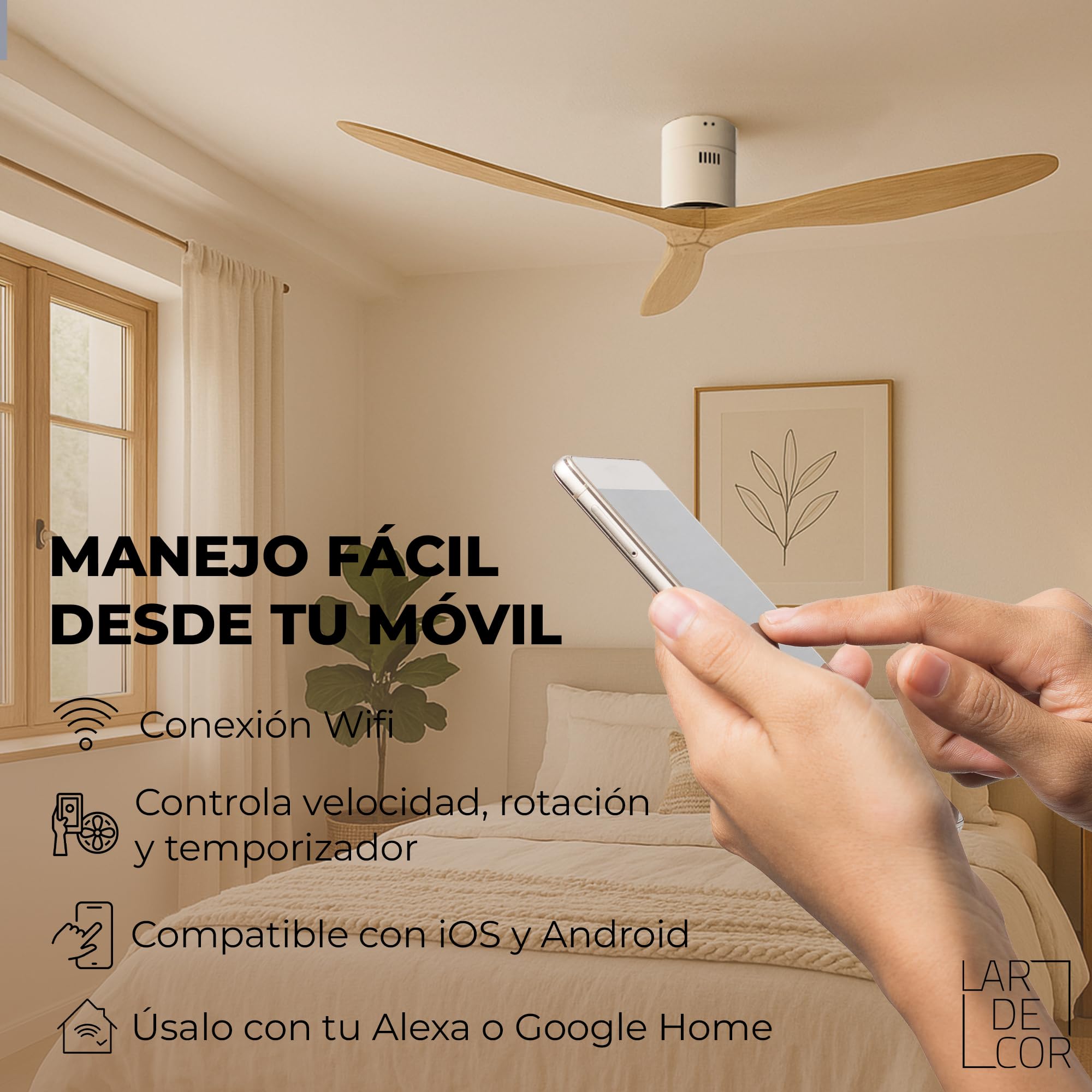 Ventilador de Techo Moderno【con WiFi】 Silencioso con Mando a Distancia, 6 Velocidades, Temporizador, Aspas de Madera, Motor DC y Función Verano-Invierno, Ø132 cm (Madera Clara)