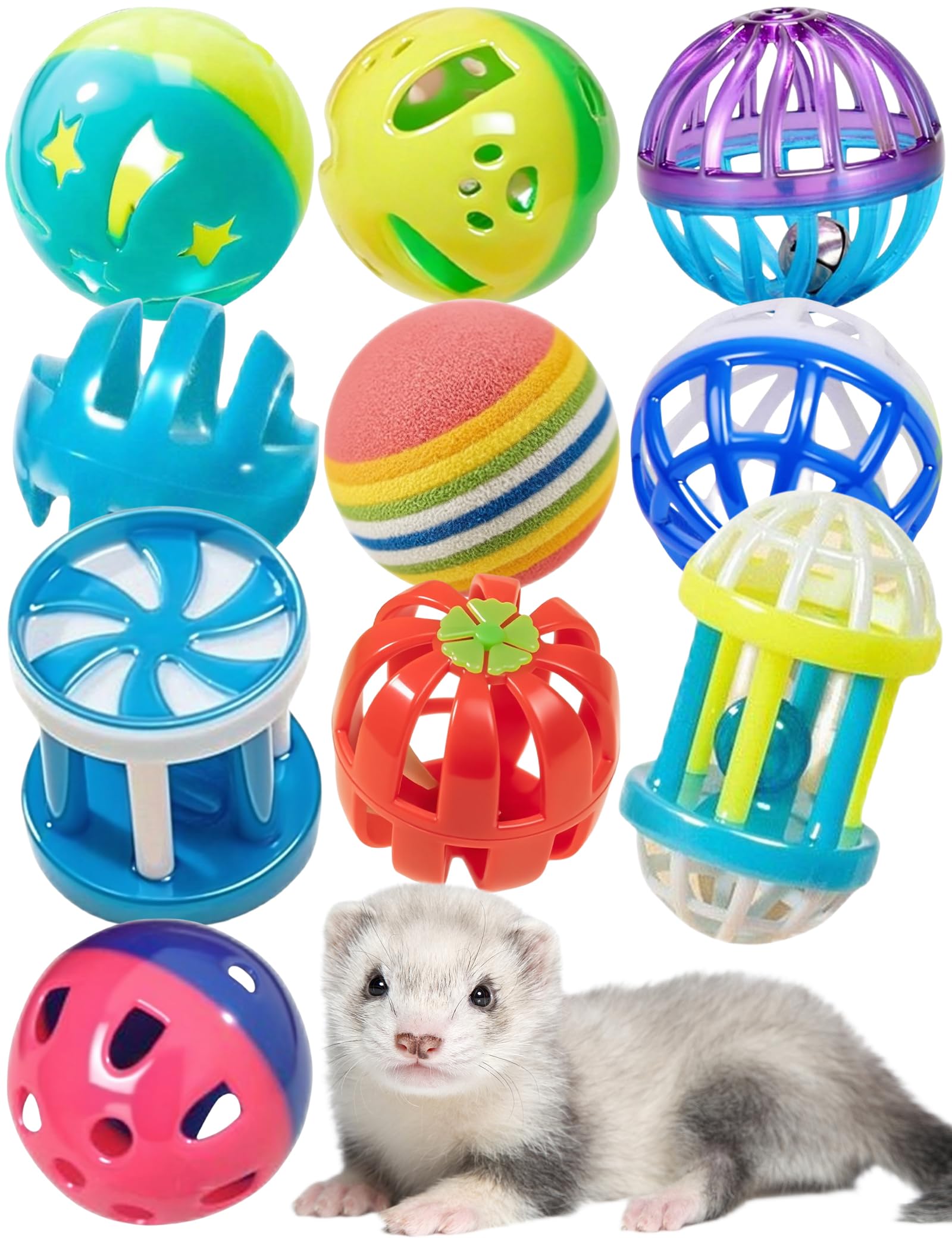 DIYUQISHI Ferret Toys 10-Pack Bell Balls, Sturdy & Fun for All Ferret Sizes, Safe PP Material, Colorful & Interactive, Teeth Health, Indoor/Outdoor