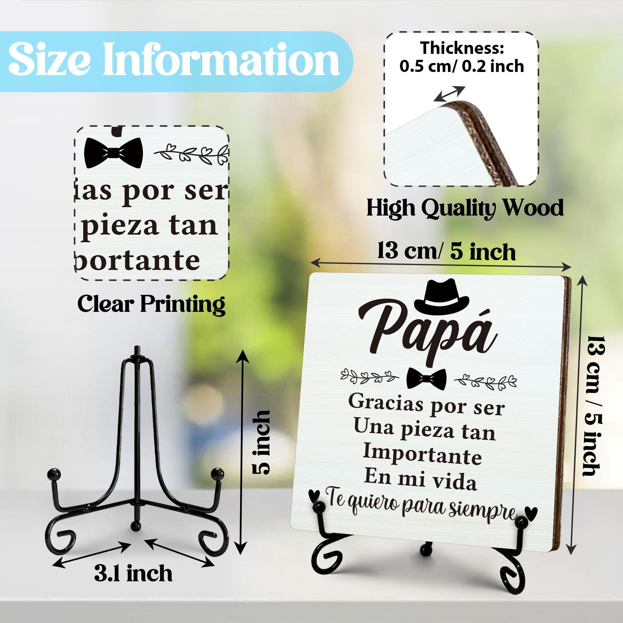 Regali per papà spagnolo da figlia, festa del papà, regalo di compleanno per papà, targa in legno con supporto, per casa e ufficio, da scrivania, regalo per papà, 12,7 x 12,7 cm, B13