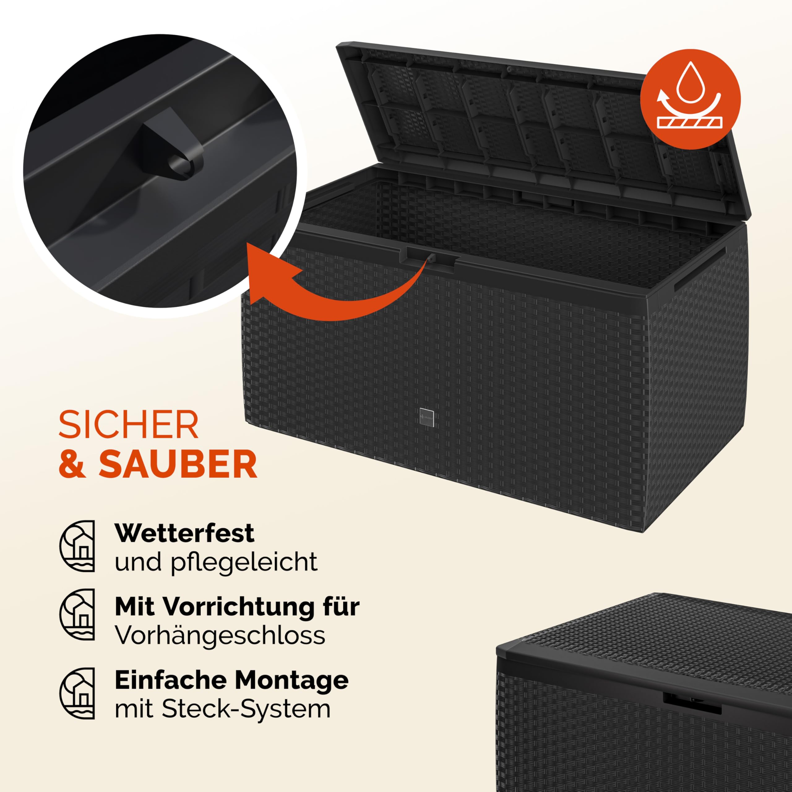 Casaria® Gartenbox Auflagenbox abschließbar Anthrazit 290L UV-beständig Haltegriffe Rollen Verschlussvorrichtung Balkon Garten Kissenbox Aufbewahrungsbox 114x47cm Wetterfest Korbgeflecht