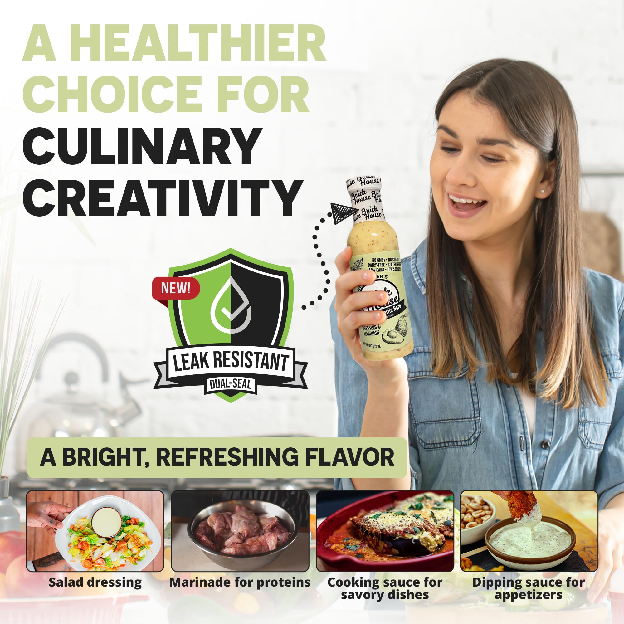 Amazon.com : Brick House Creamy Garlic Herb Vinaigrette Dressing &  Marinade, 12 oz, Low Sodium, Zero Carb, Dairy Free, Gluten Free, Non-GMO,  No Sugar, Keto Friendly Vinaigrette Salad Dressing with Avocado Oil,