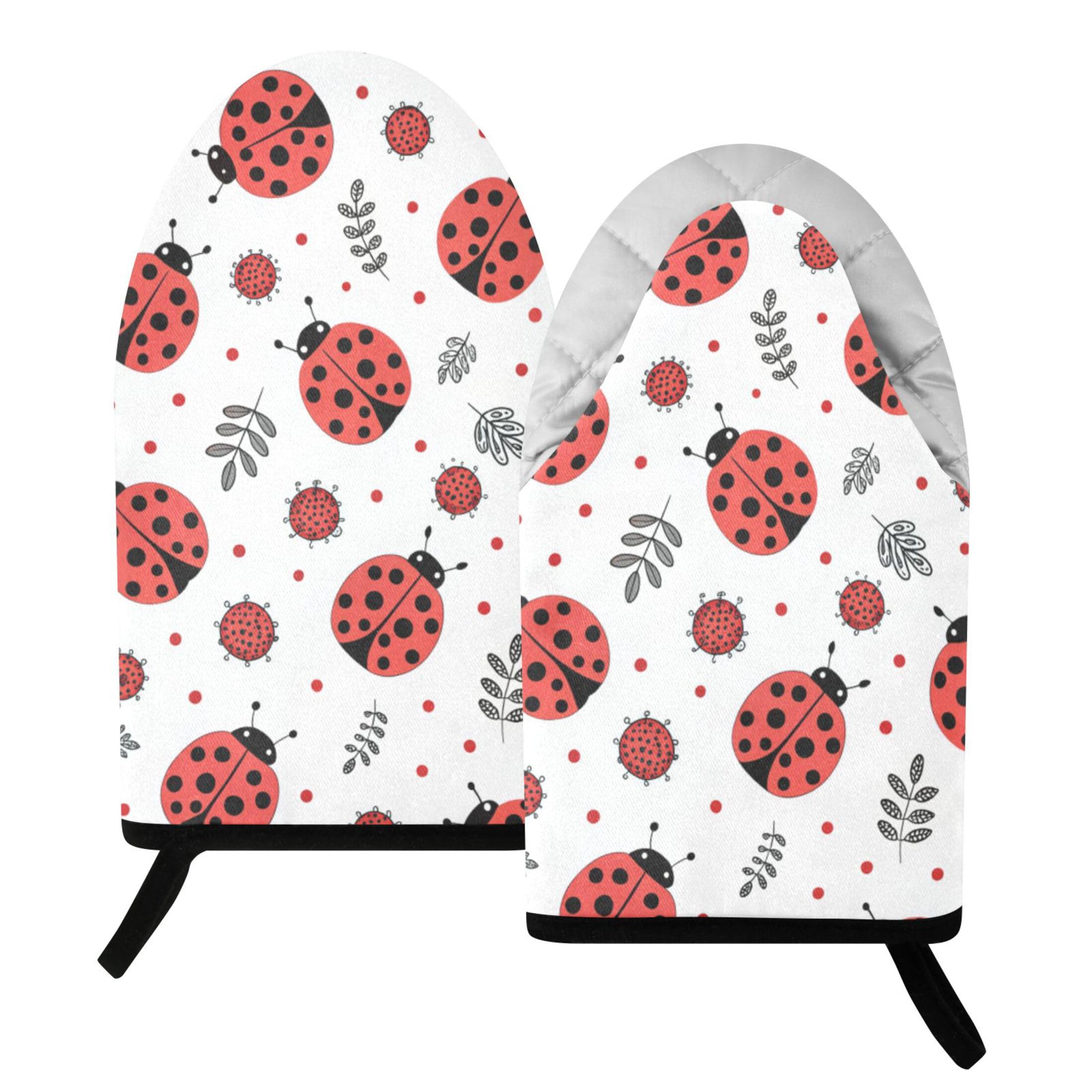 Fuauuyl Oven Mitts Heat Resistant Kitchen Gloves, Ladybugs Classic Oven Gloves with Hanging Loop for Baking BBQ Cooking Grilling, 1 Pair, 9.5 in
