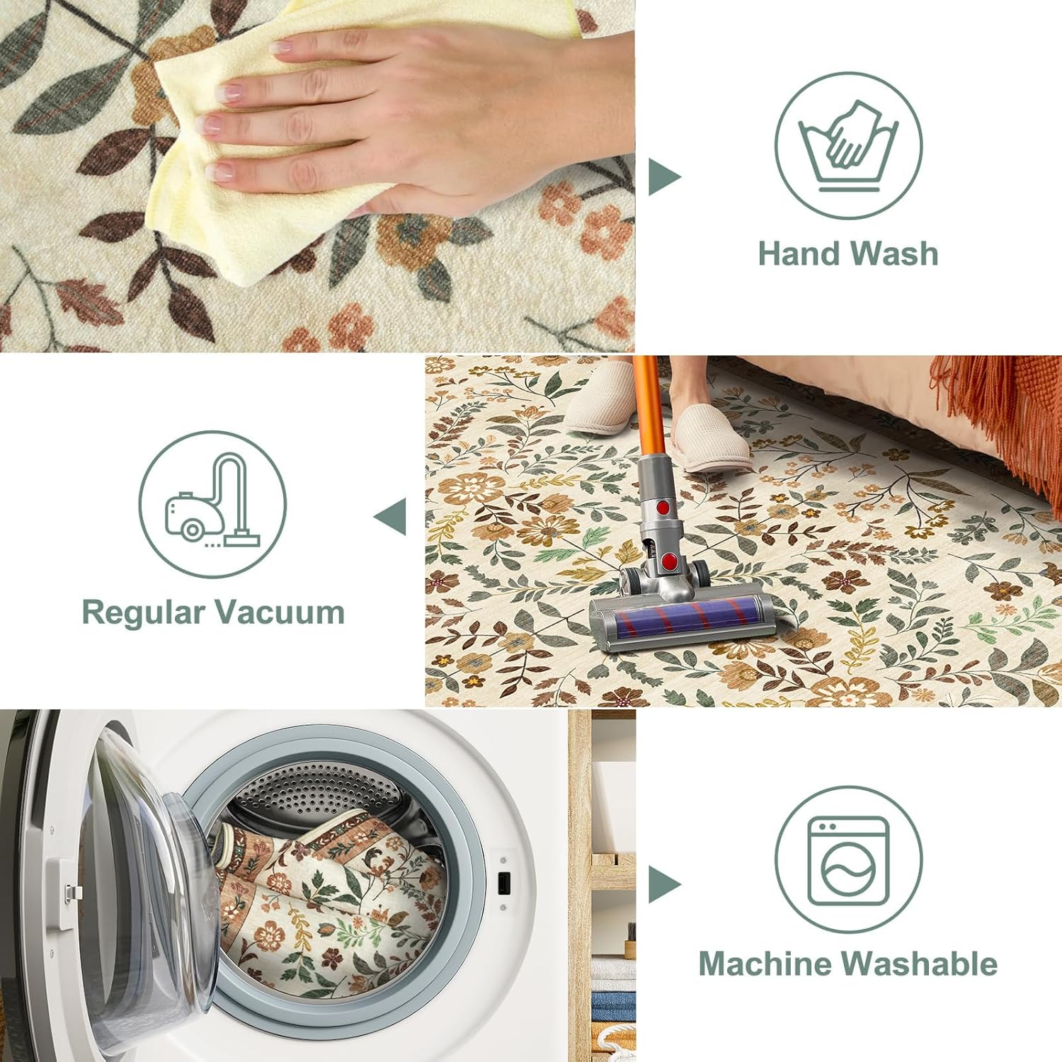 Floral Washable Rug 5' x 8' Beige Area Rugs for Bedroom Low Pile Faux-Wool Carpet Ultra Soft Non-Slip Machine Indoor Rug for Living Room, Dining Room, Nursery, Kids Playroom Boho Design