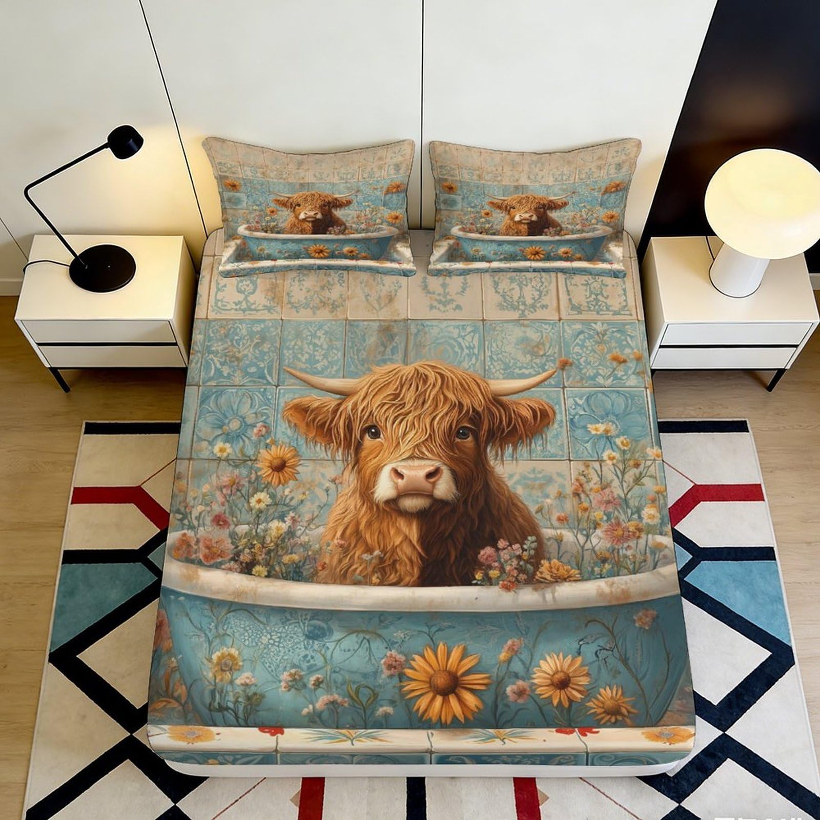 3D Printed Highland Cow Sunflower Fitted Sheet Microfiber Soft Anti-Slip Bed Cover for Bedroom Guestroom Decor 90x200x25cm