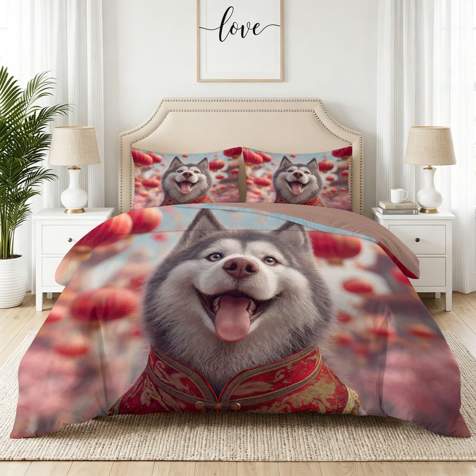 Housse de couette style chinois gris 140x200 cm pour lit 1 place
