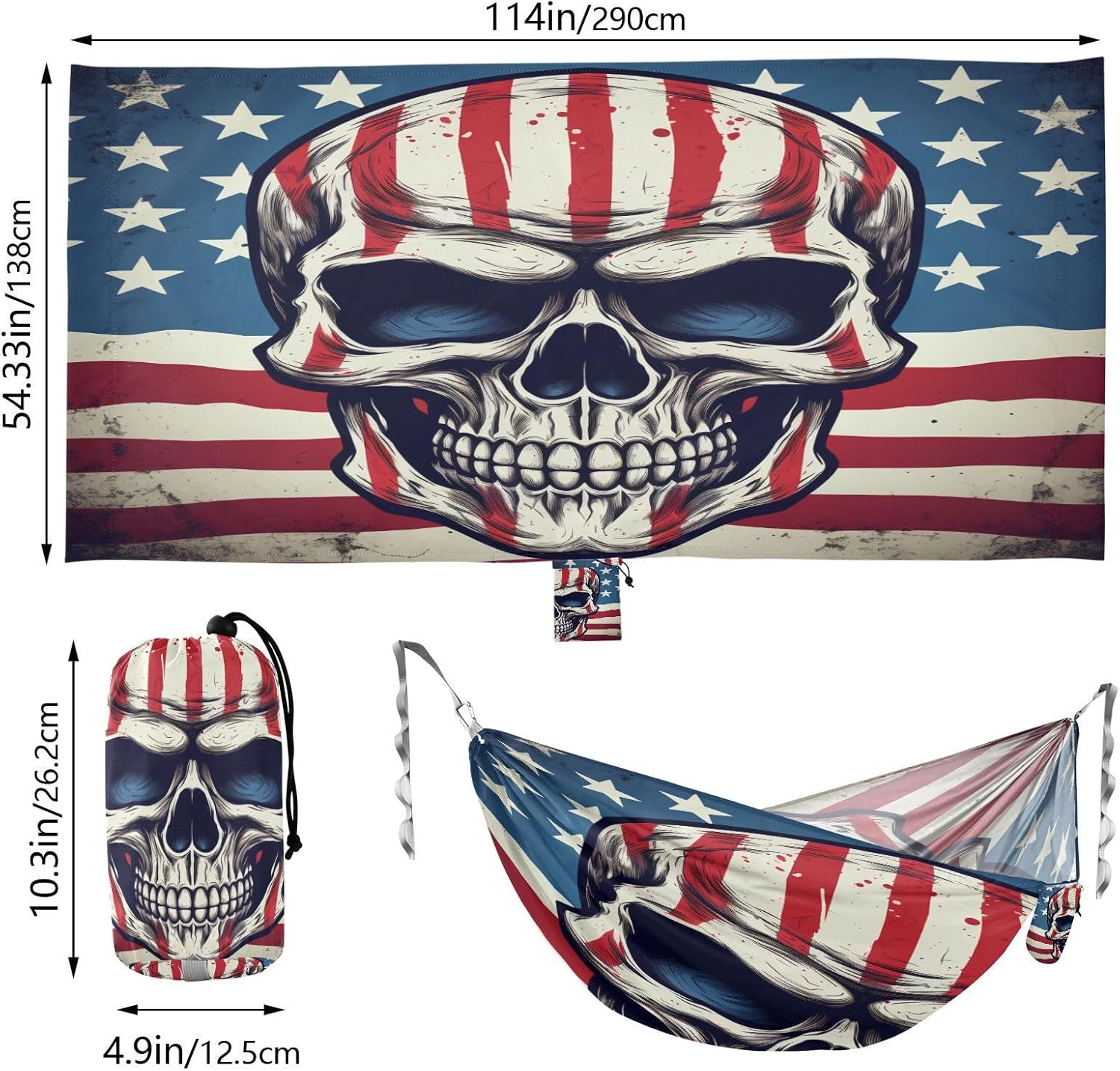 ALAZA American Flag Skull Camping Hammocks Single or 2 Person 500 lbs Portable Parachute Travel Hammock w/Tree Straps for Hiking Backpacking Indoor Outdoor