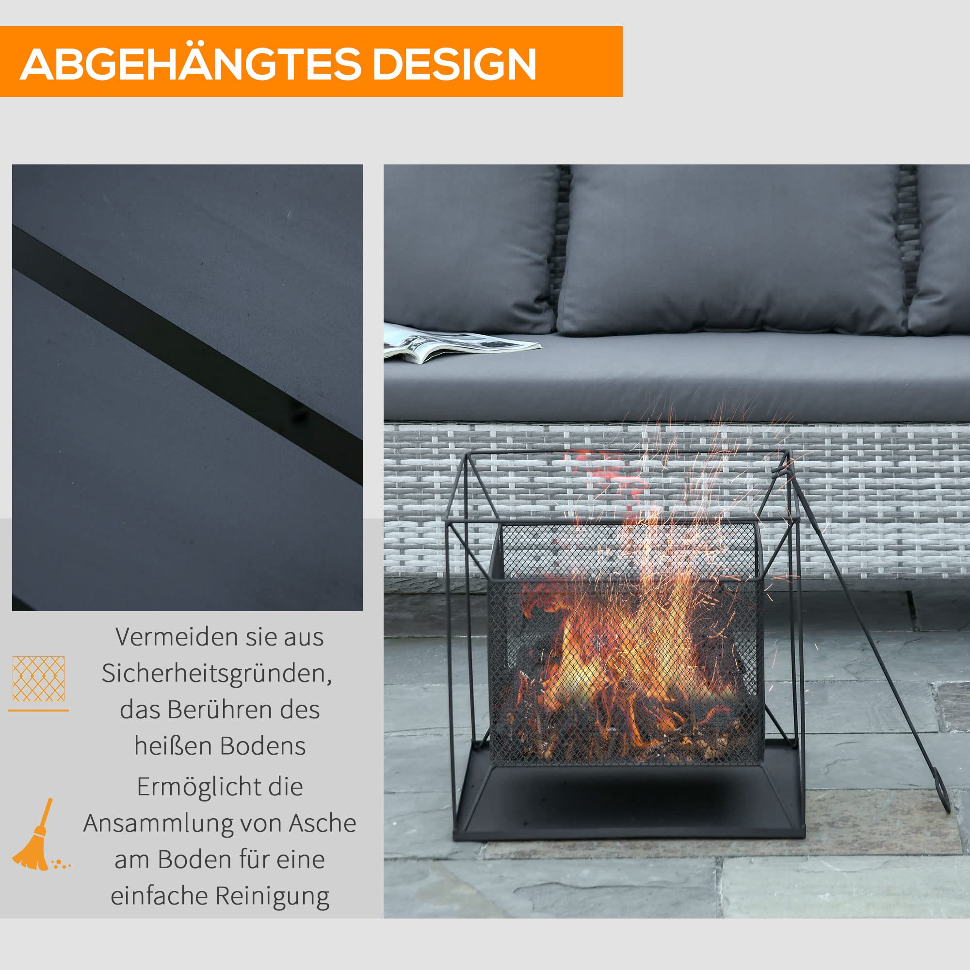 Outsunny Feuerschale Modern Feuerkorb Metall 45 x 45 x 43 cm Schwarz | Rechteckig, Feuerstelle, für Garten, Camping, BBQ