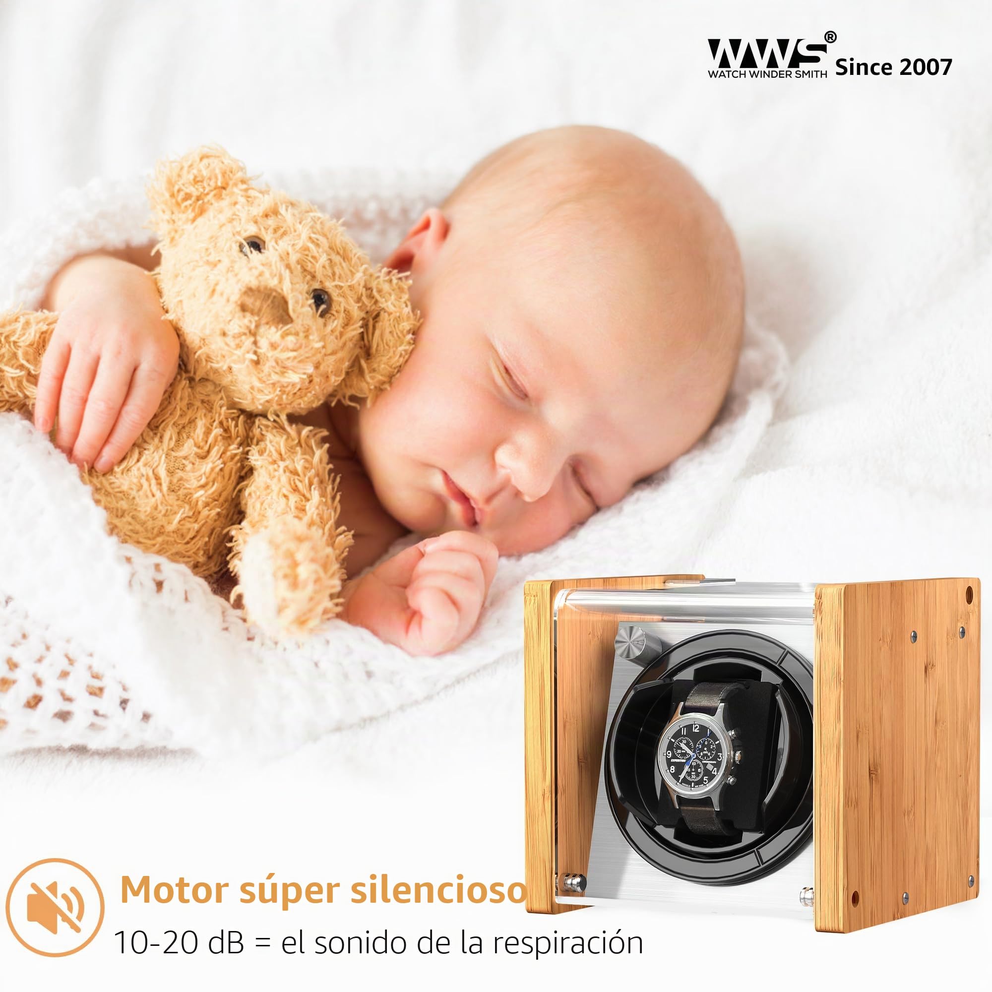 Watch Winder Smith - Reloj automático para Reloj, 100% artesanía, diseño de Patente de Madera de bambú, Motor japonés ultrailencioso con CA o a Pilas