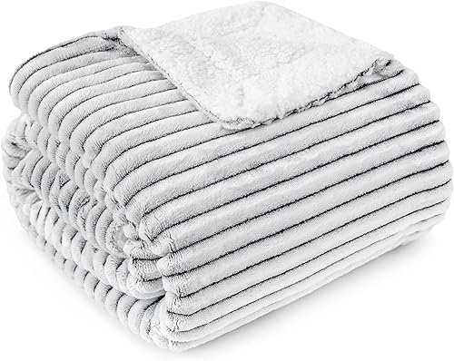 PAVILIA Manta de forro polar Sherpa A rayas, súper suave, afelpada, manta de franela de lujo Manta de microfibra gruesa y esponjosa para sofá o