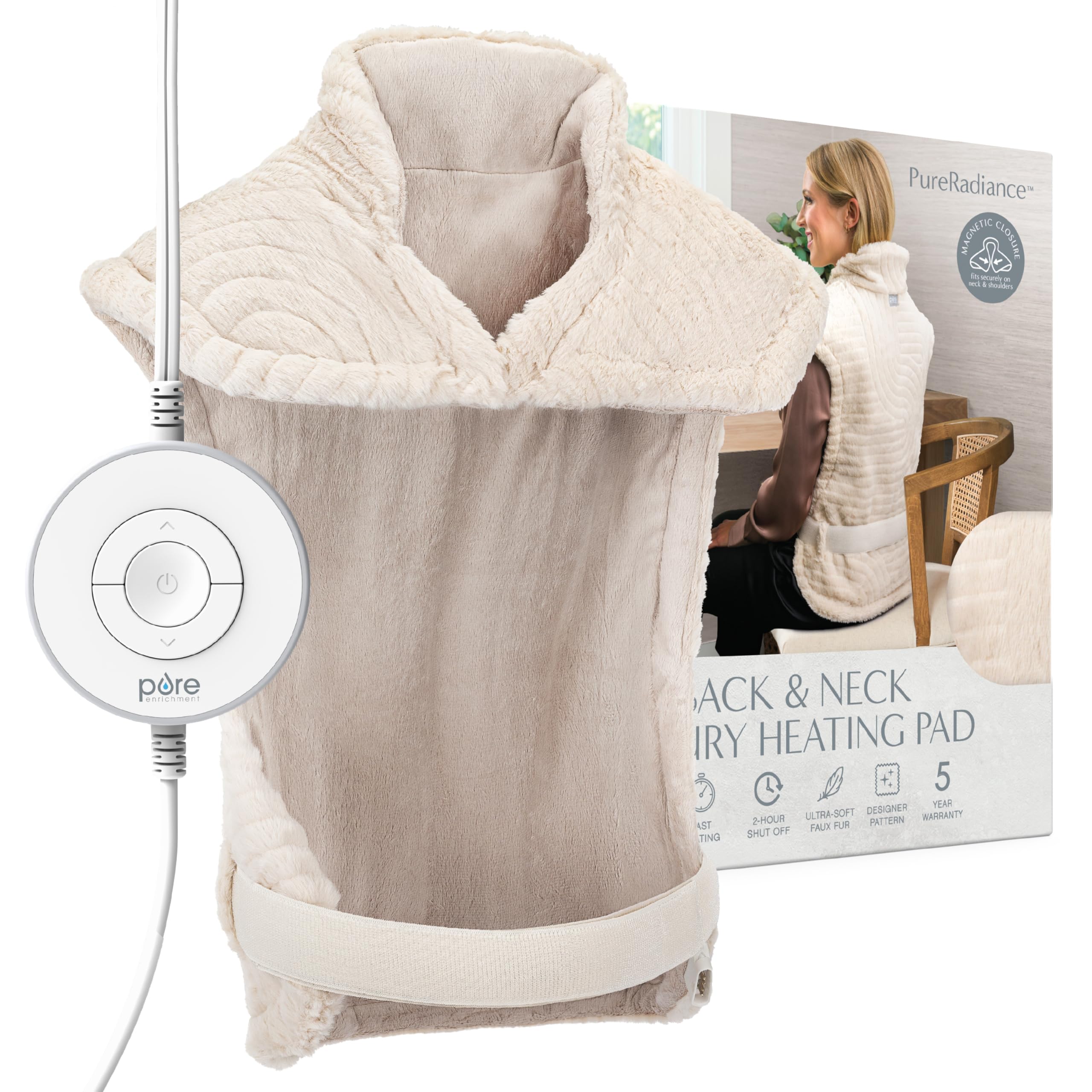 Pure Enrichment PureRadiance Back & Neck Luxury Heating Pad for Pain Relief, Patented Design, Soft Faux Fur & Micromink, 6 Heat Settings, Machine Washable, Universal Fit, 31.5” x 24” (Golden Sands)