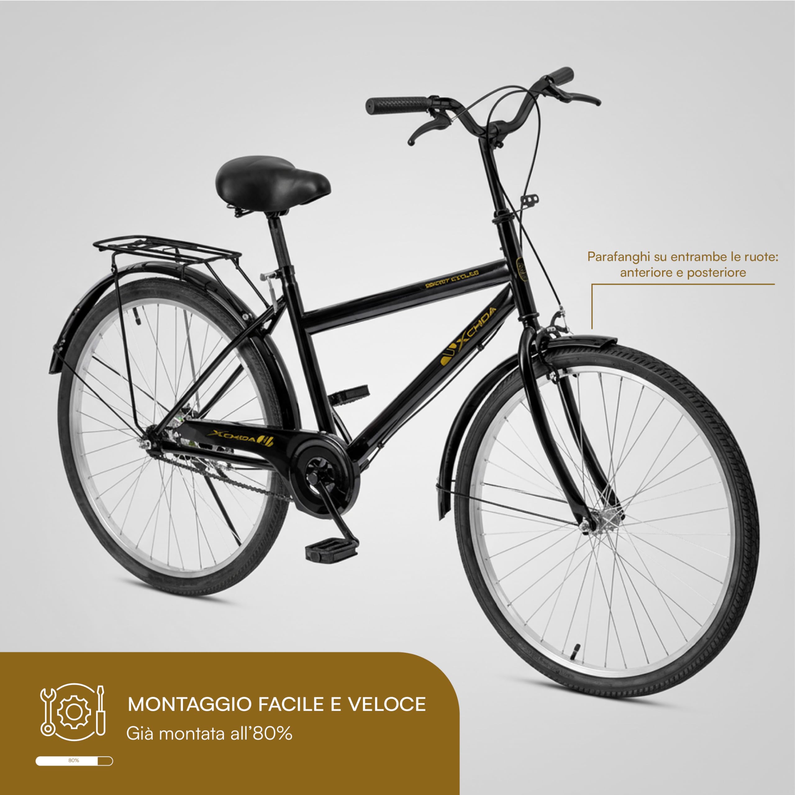 Baroni Home Bicicletta da Passeggio, Manubrio e Sellino Regolabile, Bici con Doppio Freno Anteriore e Posteriore, 26 Pollici, City Bike, Nero, 168x110 cm