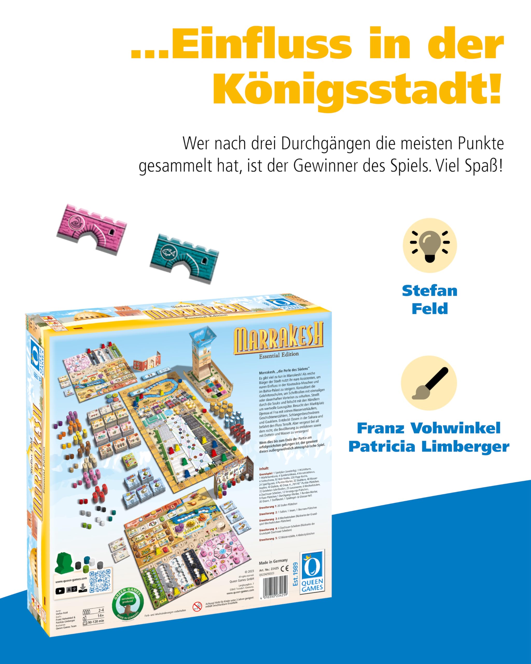 Queen Games Marrakesh Essential Edition - Basisspiel, Brettspiele Spaß ab 14 Jahren für 2-4 Spieler, Kennerspiel, Gesellschaftsspiele für Erwachsene