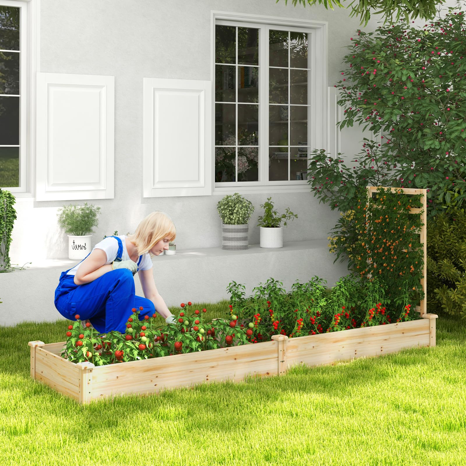 HOMASIS Fioriera con Traliccio in Legno di Pino, Aiuola Rialzata con Spalliera, Letto Rialzato da Giardino con Grigliato per Piante Rampicanti da Balcone (Naturale, 235 x 63 x 102 cm)