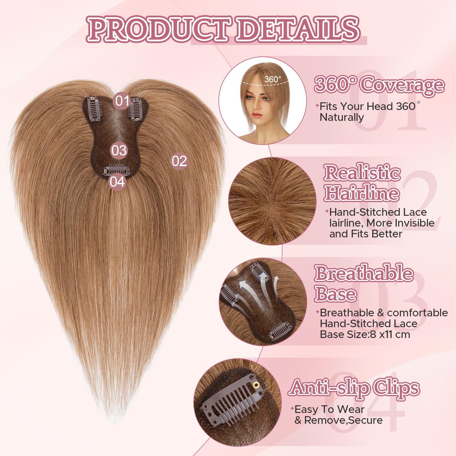 SEGOHAIR Hair Toppers for Women Human Hair 360°3D Coverage Lightweight - Image 2