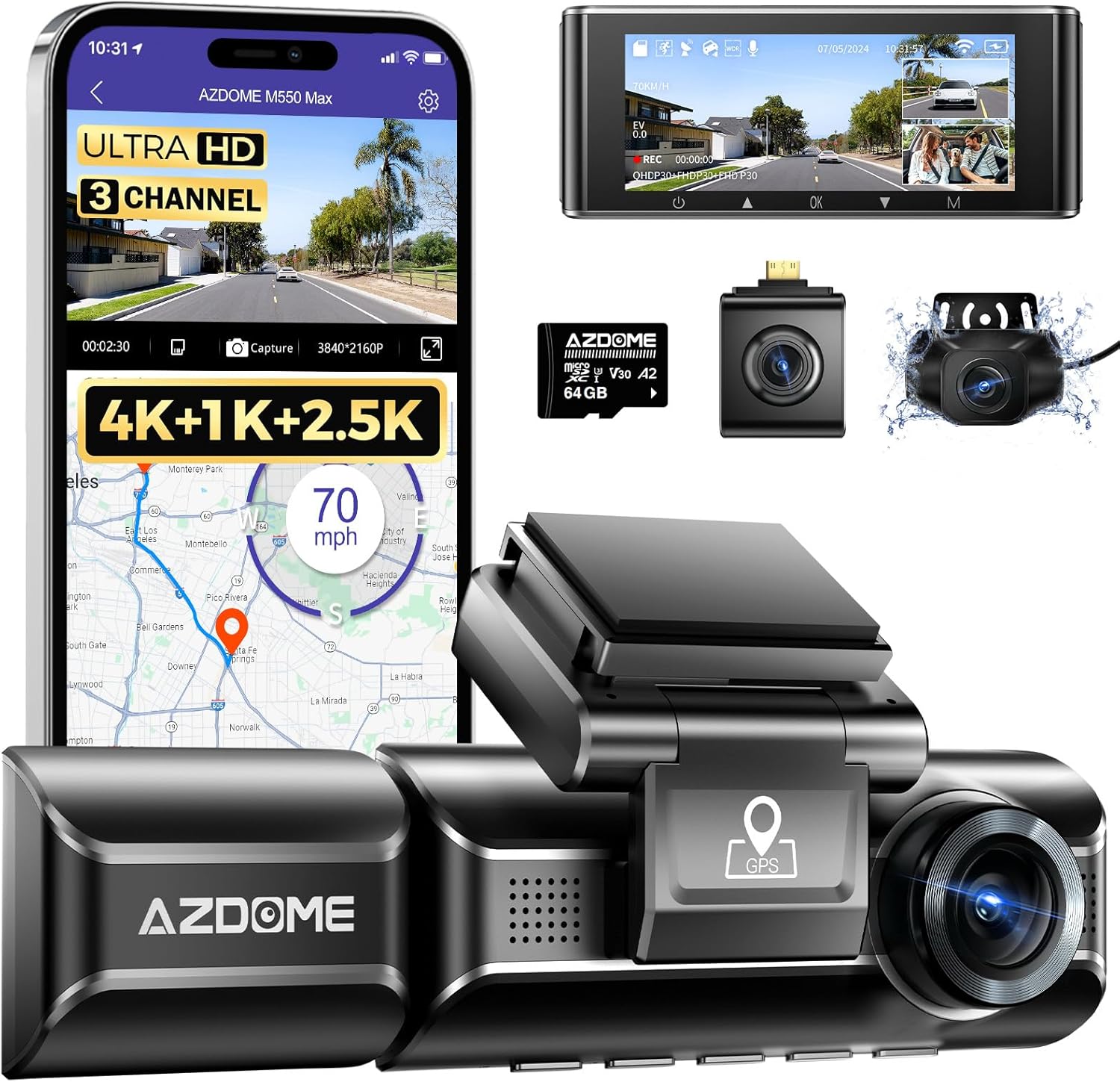 "AZDOME M550 4K Triple Channel Dash Cam with GPS & Night Vision" - Image 2
