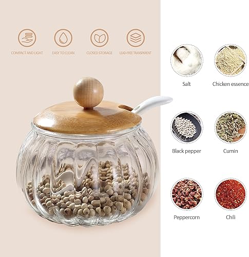 Miniatura 3 de Bodega de sal, recipiente de vidrio de 8 onzas / 8.5 fl oz con tapa de bambú, lindo tarro de condimento de calabaza, recipiente de almacenamiento